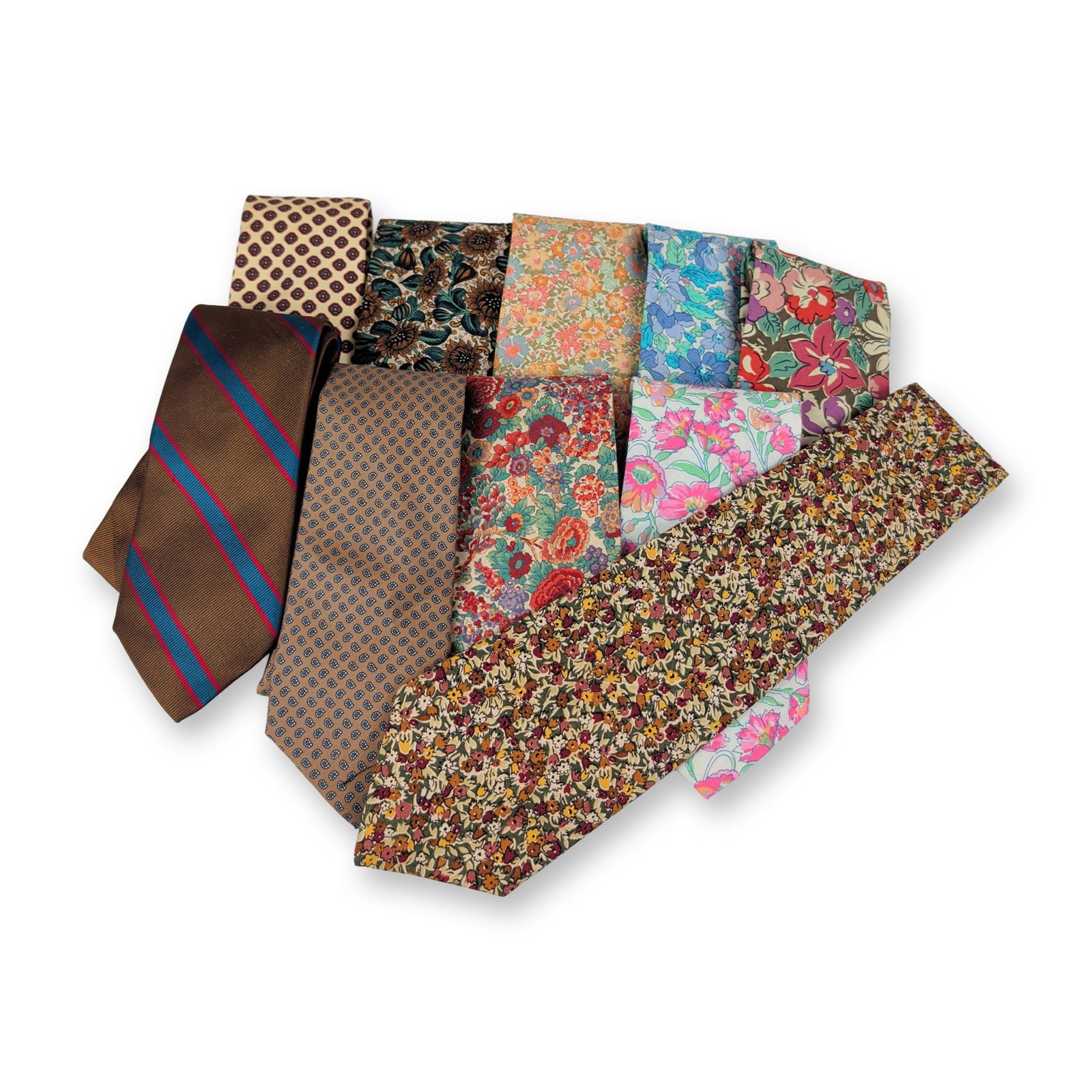10pc Collection Liberty of London Silk and Cotton Neckties: Collection of men's neckties in silk and cotton-blend textiles featuring Liberty of London fabric designs. Patterns include large-scale botanical prints, small-scale floral motifs, geometric designs,