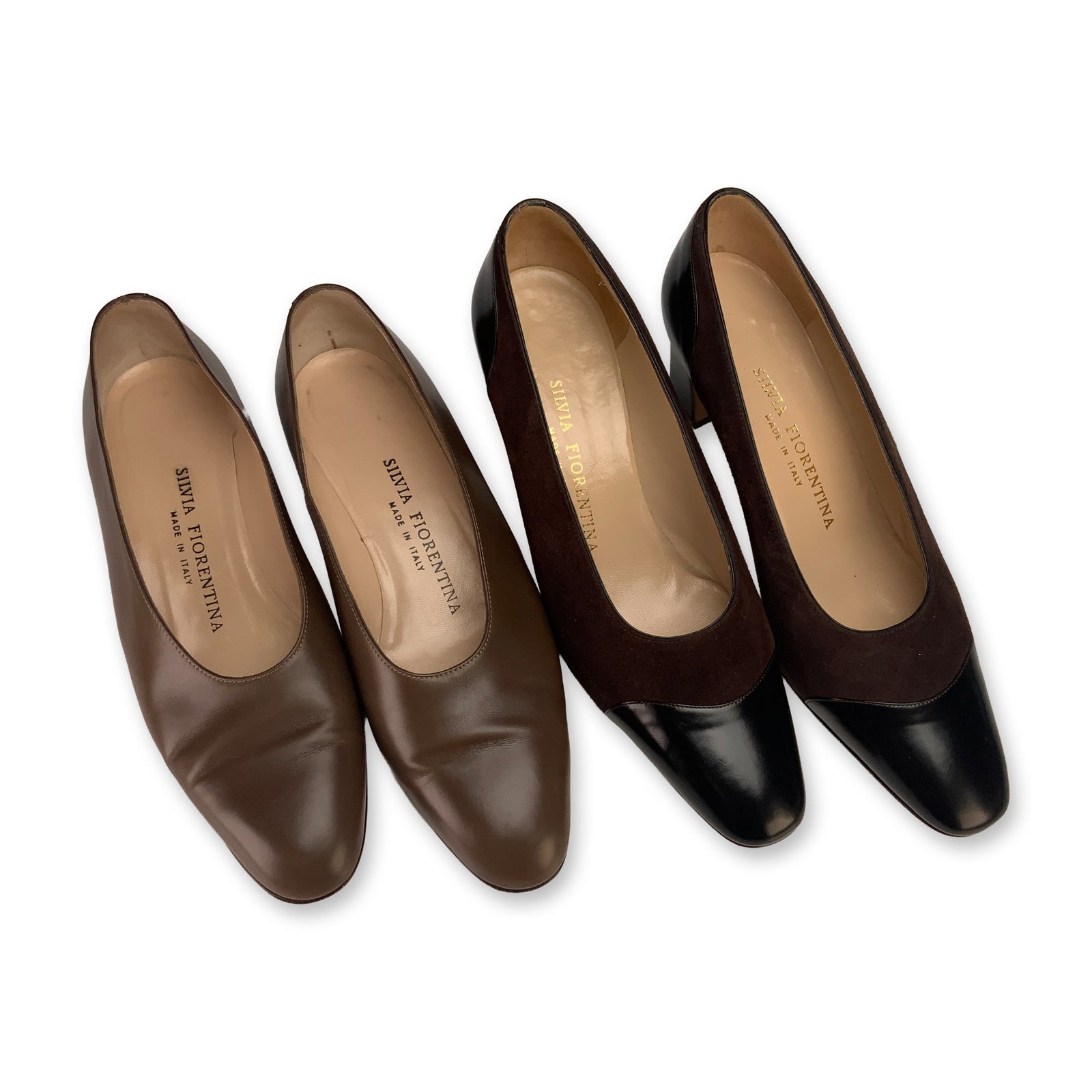 Two Pairs of Silvia Fiorentina Women's Leather and Suede Pumps: These two pairs of Silvia Fiorentina shoes include the Chiara model in brown leather and a tricolor suede and leather pump. Both pairs were made in Italy and are a women's size 6 M. The Chiara pumps