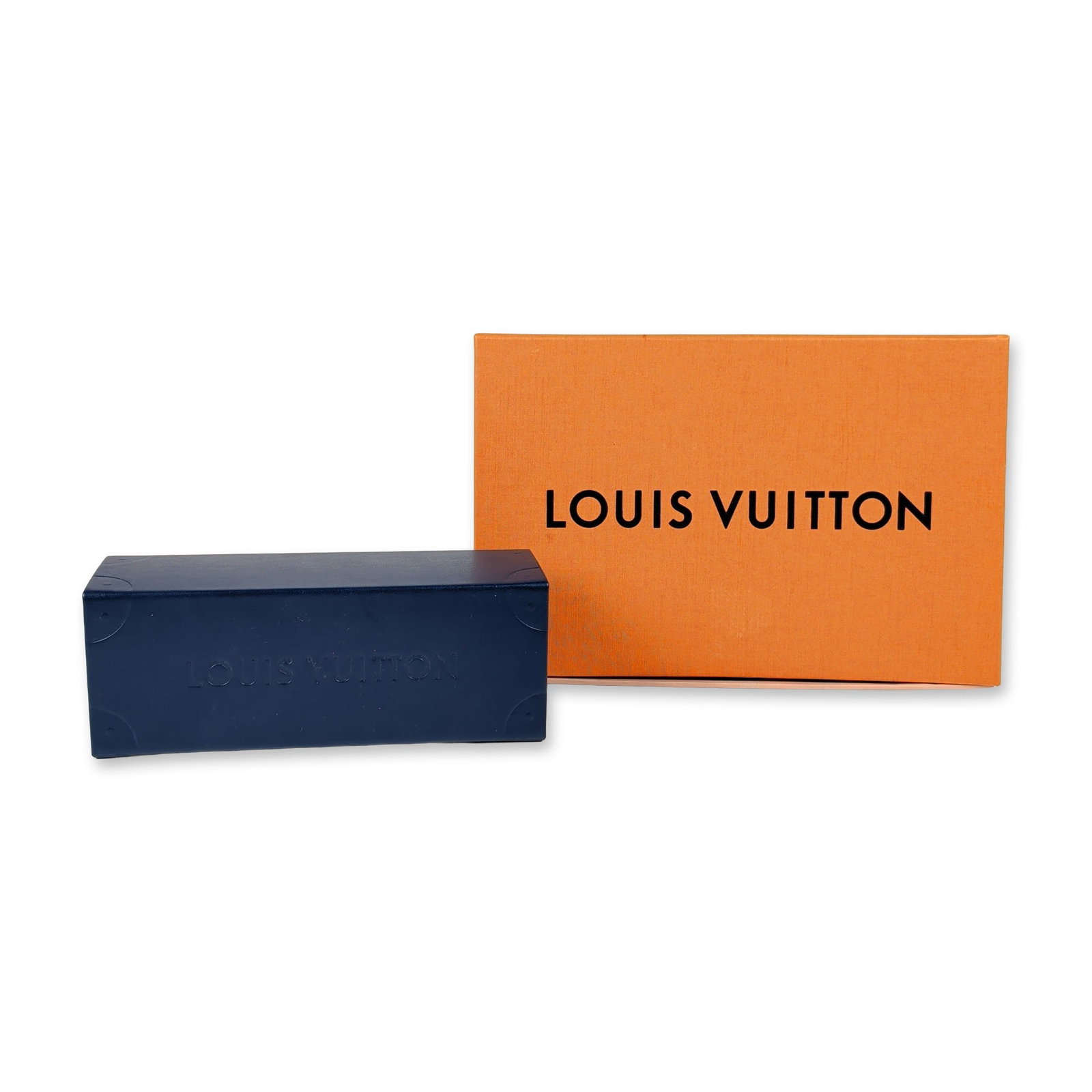 2pc Louis Vuitton Packaging Set: Louis Vuitton eyewear and accessory packaging set including a drawer-style outer box, hard-shell case, and soft drawstring pouch. The drawer-style cardboard box is finished in signature Imperial Saffr