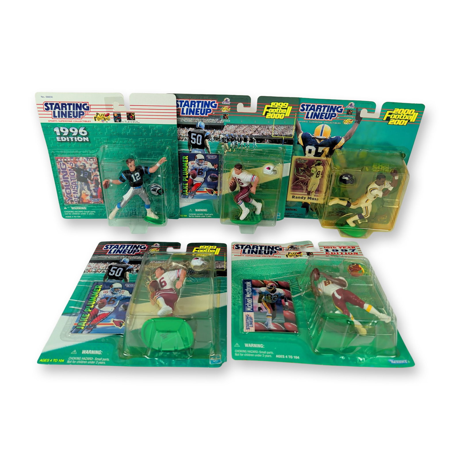 5pc NFL Kenner and Hasbro Starting Lineup Action Figure Collection: This five-piece collection of sports action figures features prominent National Football League players in original factory-sealed plastic blister packaging. The assortment comprises individual