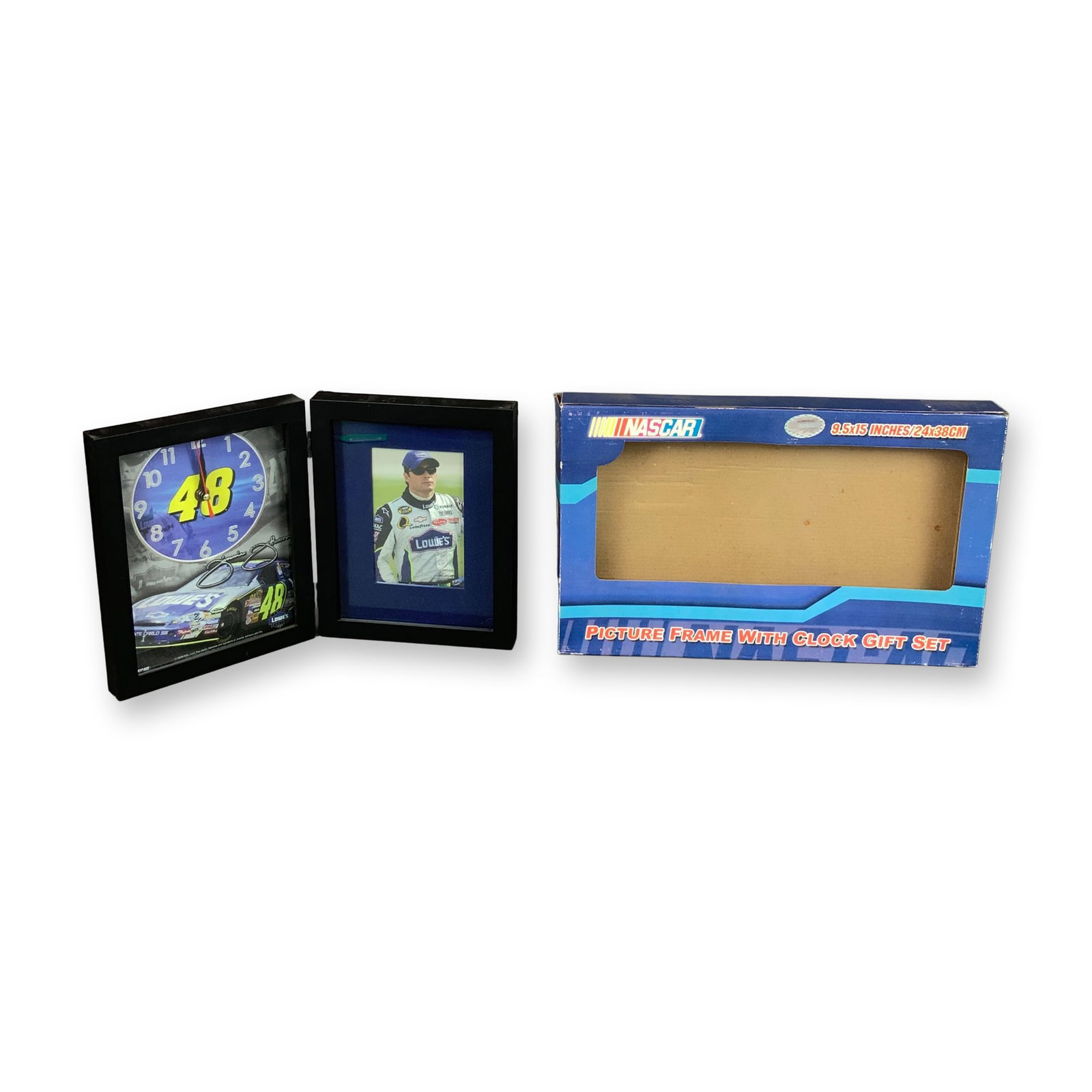 NASCAR Racing Reflections Picture Frame with Clock Gift Set: This licensed NASCAR memorabilia set commemorates driver Jimmie Johnson and the #48 Lowe's racing team. The item consists of a hinged, double-paneled black frame. One panel houses an analog clock