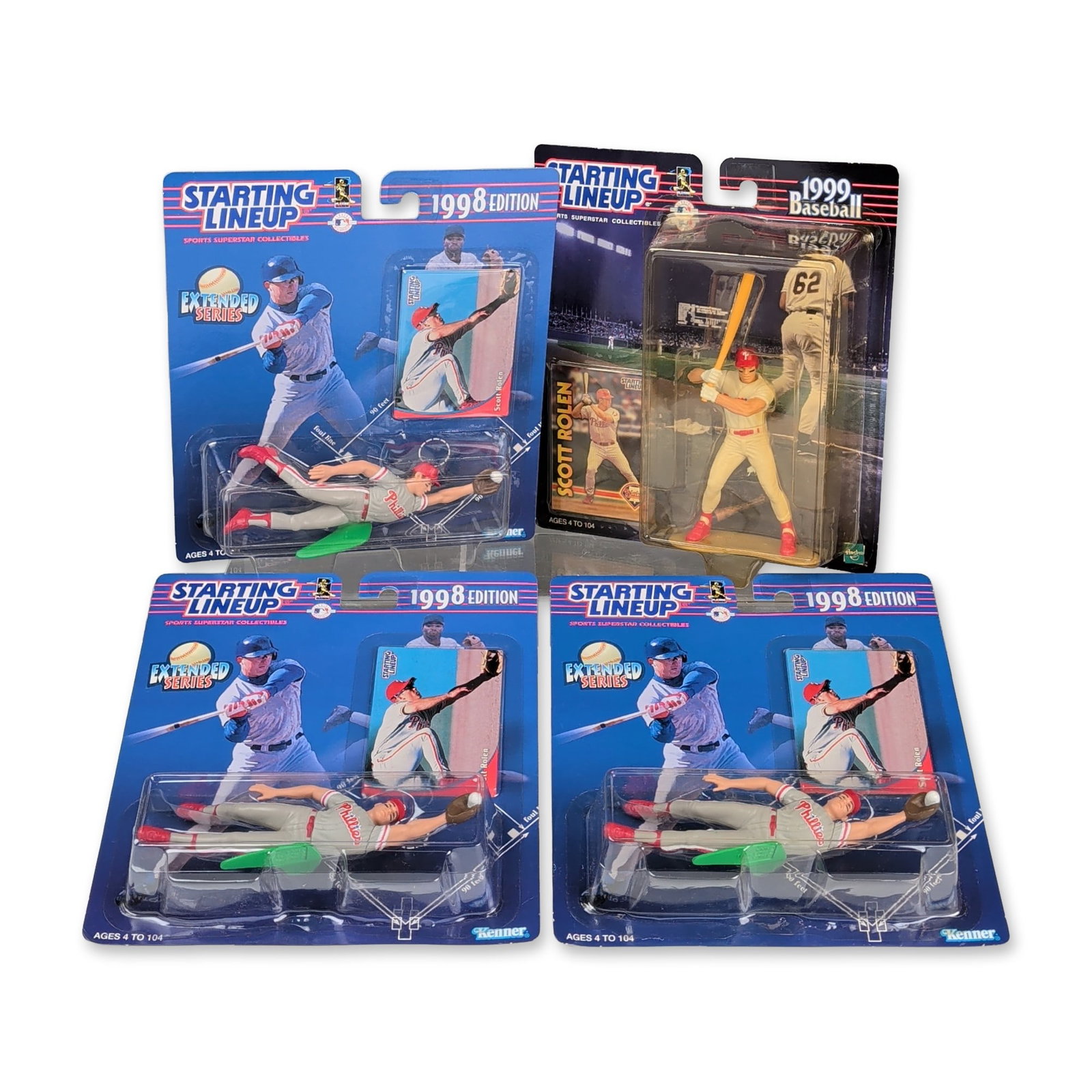 4pc Kenner Starting Lineup Scott Rolen Action Figures: Collection of Kenner Starting Lineup baseball action figures featuring Hall of Fame third baseman Scott Rolen during his career with the Philadelphia Phillies. The group includes three figures from