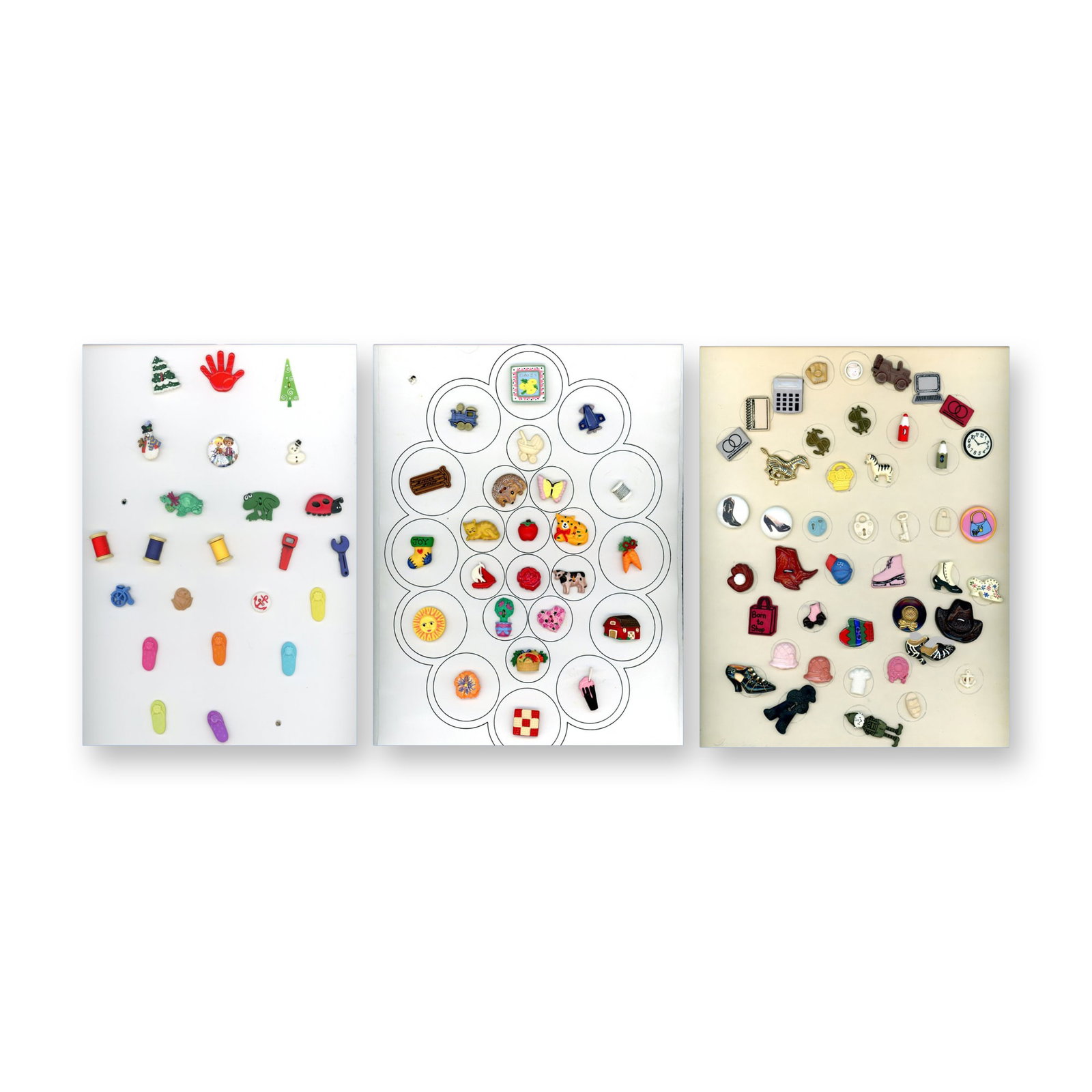 A LOT OF DIVISION THREE REALISTIC KIDDIE BUTTONS: Over 90 S/M/L assorted subject matter examples. These cards include animals, people, objects, plant life in a variety of colors and designs. Realistics, Goofies, Kiddie and more. Dimensions: SM=Less