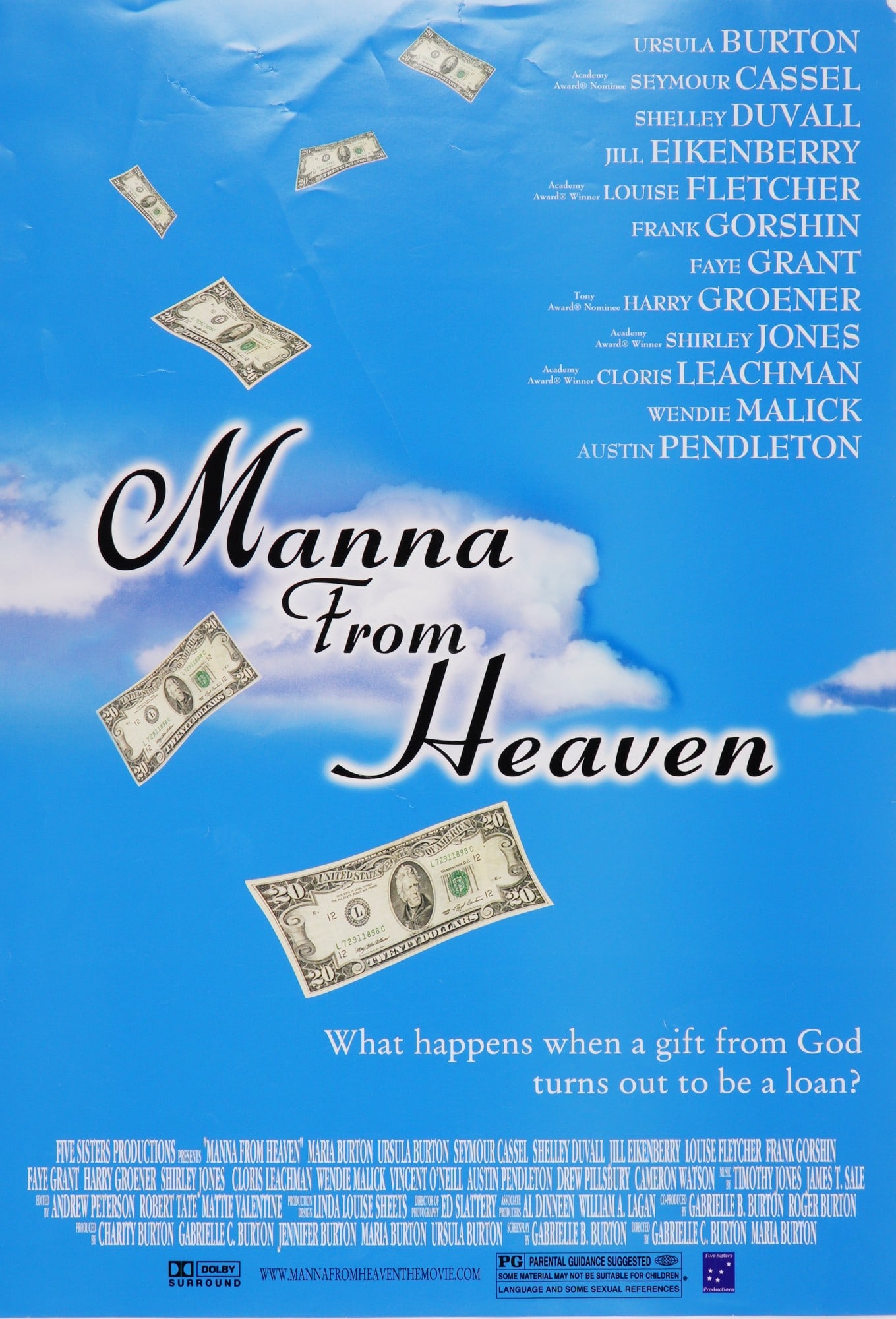 Manna From Heaven Original Movie Poster: Offered here is an original theatrical poster for Manna From Heaven, the 2002 American independent comedy film featuring an impressive ensemble cast including Cloris Leachman, Shelley Duvall, Louise