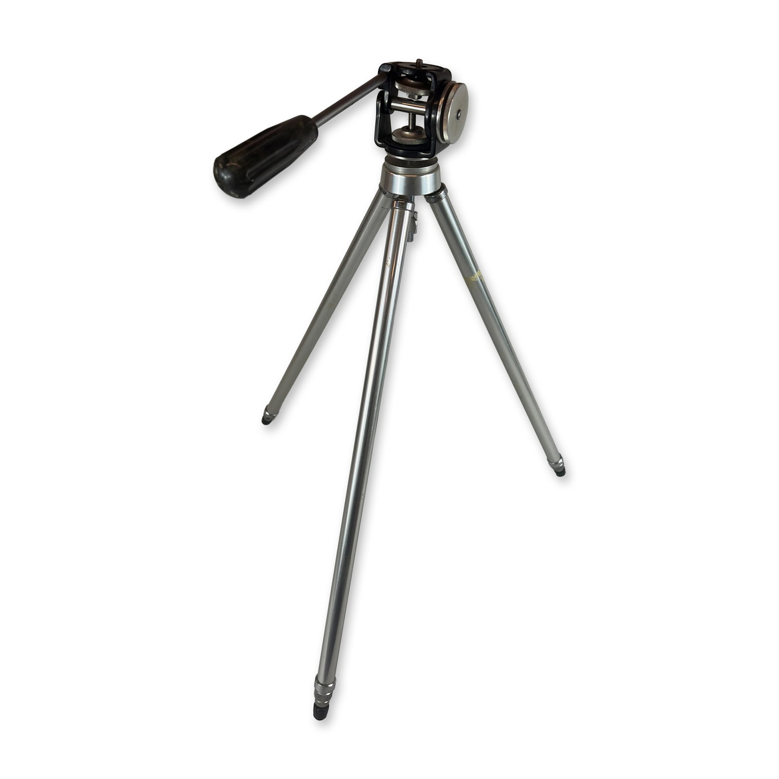 Vintage Aluminum Pan-and-Tilt Camera Tripod: Vintage telescoping camera tripod in polished aluminum with a black-finished cast metal head assembly. The tripod features three-section legs equipped with knurled twist-lock collars and capped with