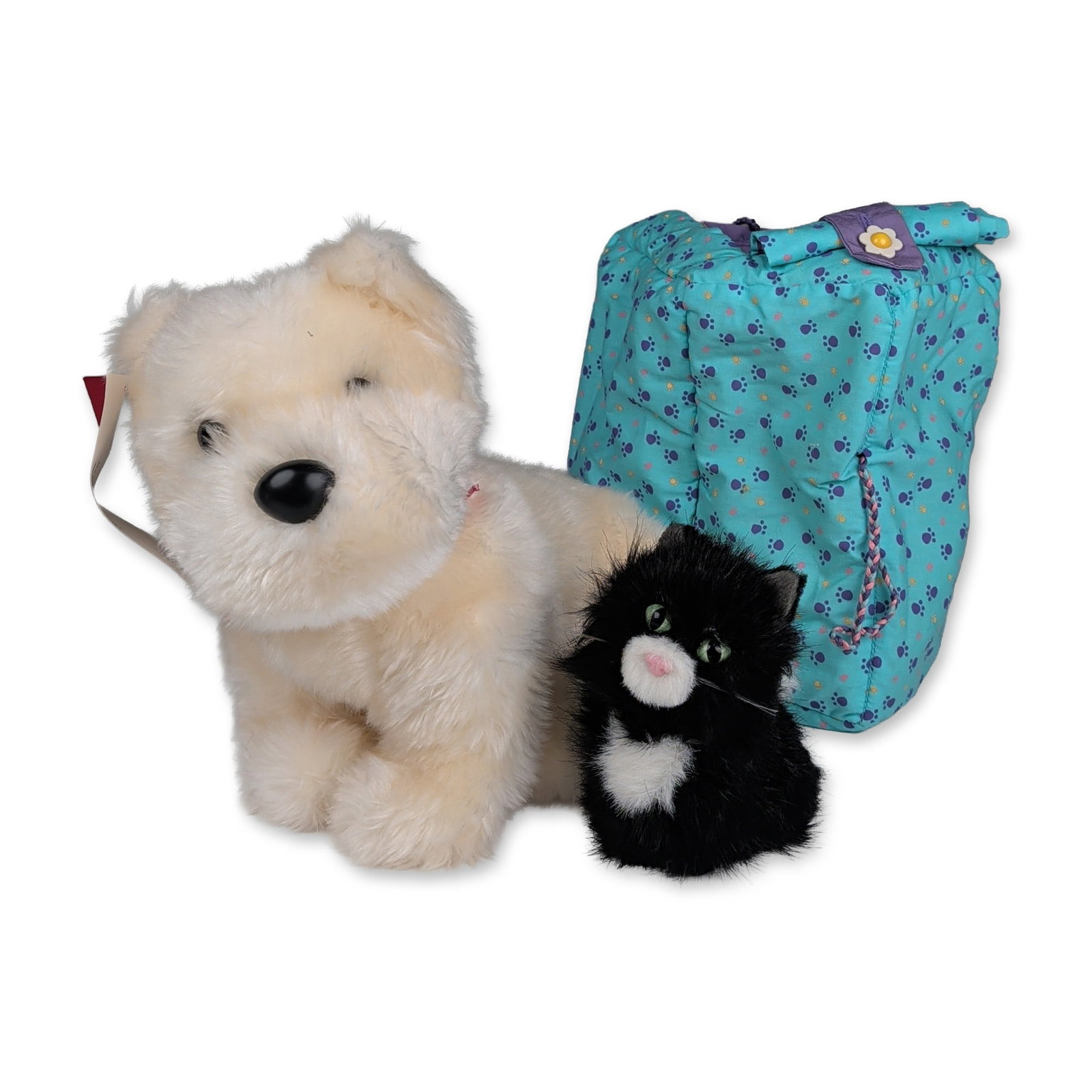 3pc American Girl Dog Coconut and Black Cat with Cloth Carrier: American Girl plush pet trio featuring Coconut the dog, black cat, and a coordinating quilted carrier. Coconut is a white West Highland Terrier-style plush dog with black plastic eyes and nose, wearin
