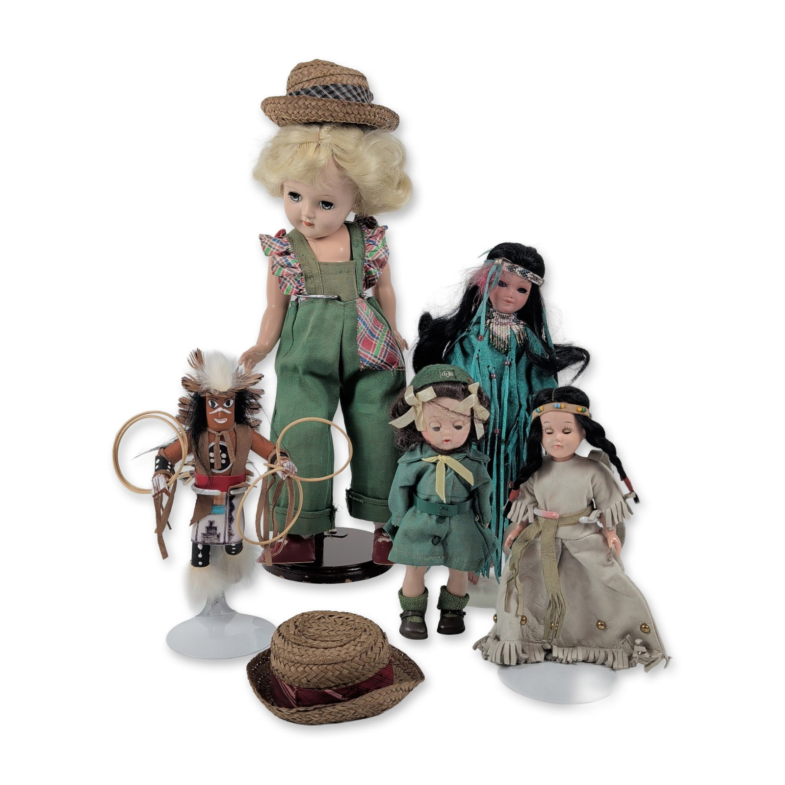 6pc Madame Alexander and Cultural Doll Collection: Madame Alexander and miscellaneous makers. Group of five dolls and figurines in hard plastic, wood, and vinyl, featuring character and cultural themes. Included is an Madame Alexander hard plastic dol