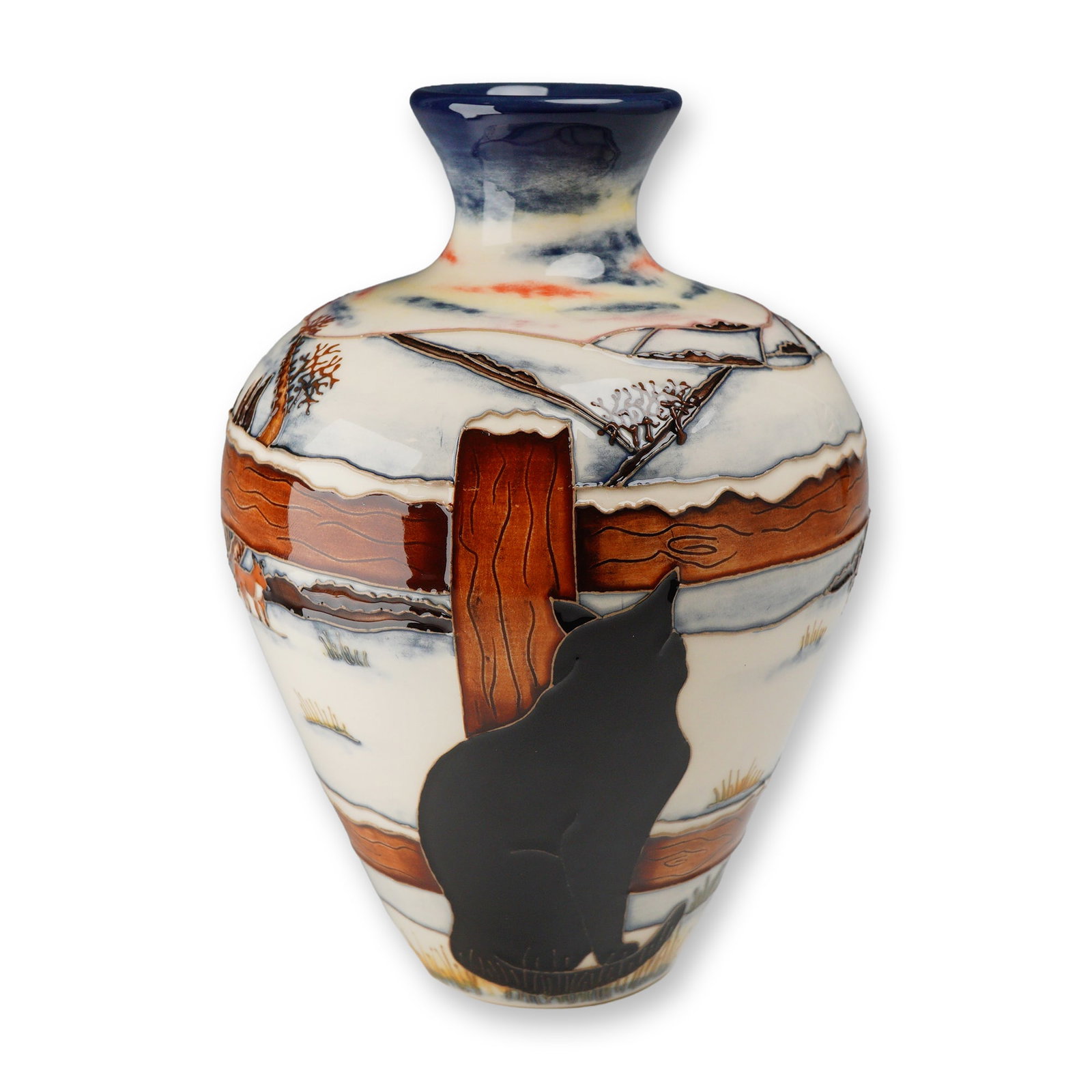Moorcroft by Anji Davenport Numbered Edition Vase, Who Goes There? MCR-106: A Moorcroft "Who Goes There? Woodside Farm" vase, dated 2019, designed by Anji Davenport, of flared rounded cylindrical form. With signature in green. Artist: Anji Davenport Dimensions: 5.25"W x 7.25"