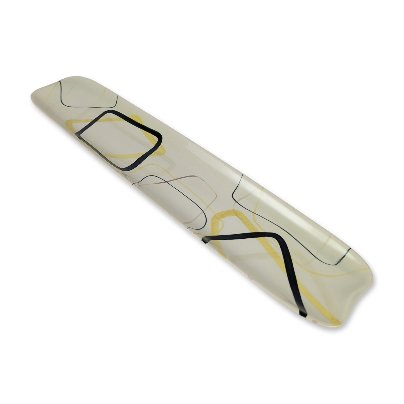 Red Wing Pottery Smart Set Ceramic Tray: Red Wing Pottery mid-century modern long rectangular serving tray in glazed earthenware. Decorated with abstract overlapping black and mustard yellow geometric motifs on a cream ground. The base featu