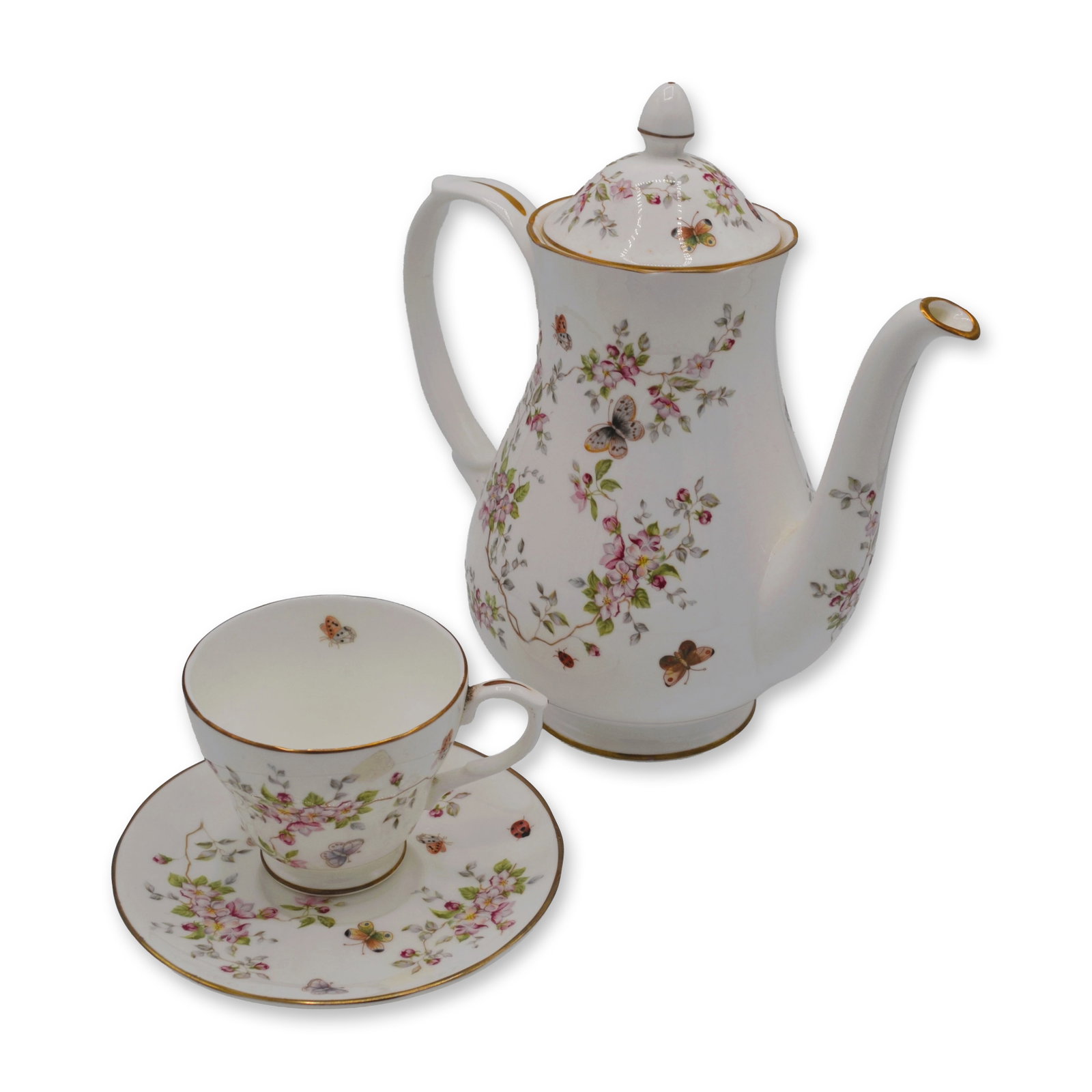Sturbridge Fine Bone China Covered Coffee Pot, Floral W/Butterflies And Footed Cup & Saucer, 1980: Sturbridge Fine Bone China Covered Coffee Pot, Floral with Butterflies, 1980, and matching Footed Cup and Saucer, Vintage. Fine Bone China, hand made, hand painted by the Artists of Sturbridge China