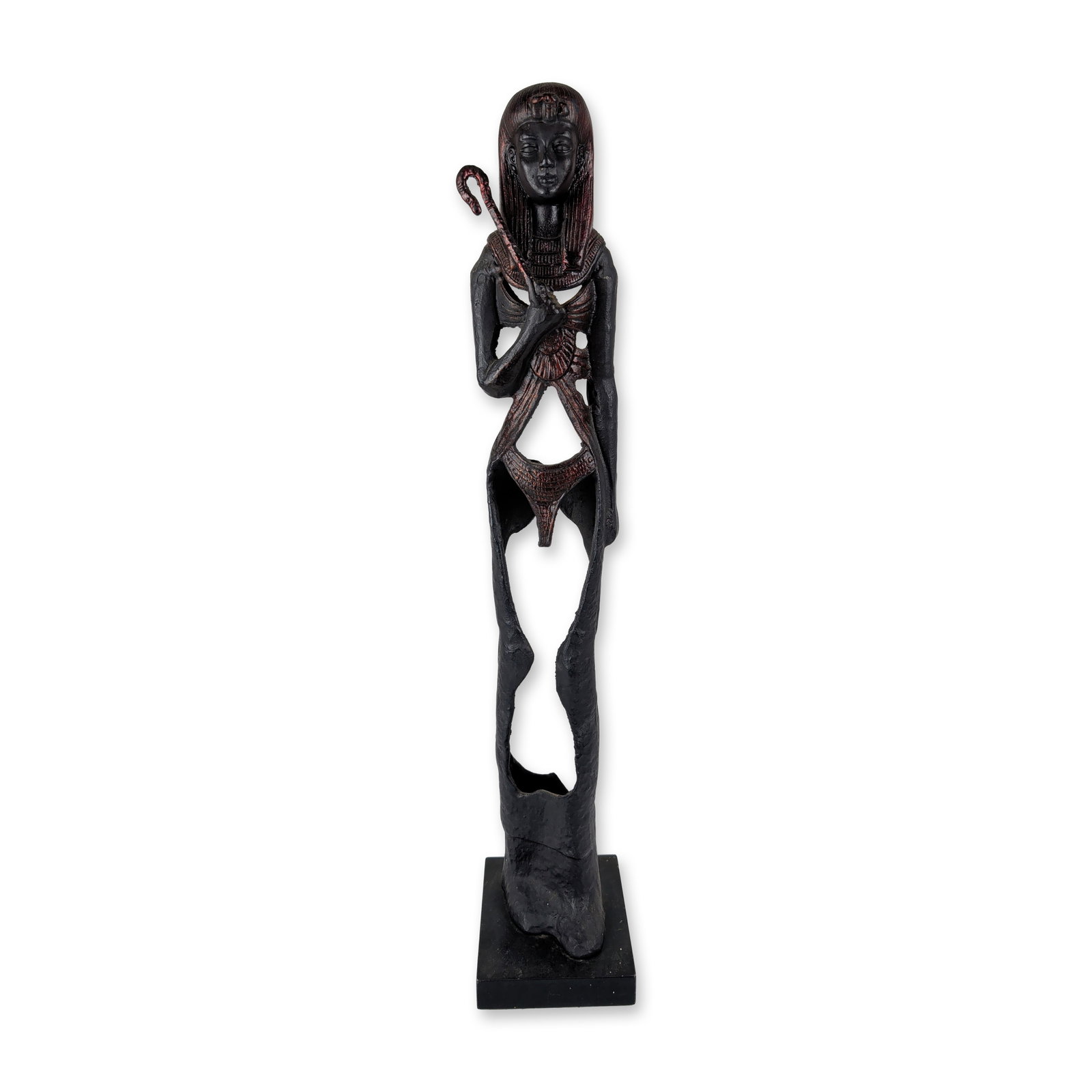 Modernist Patinated Metal Egyptian Style Sculpture: Modernist style elongated sculpture in cast metal with a dark patinated finish and reddish-brown highlights. The figure is modeled with Egyptian pharaonic iconography, including a nemes headcloth