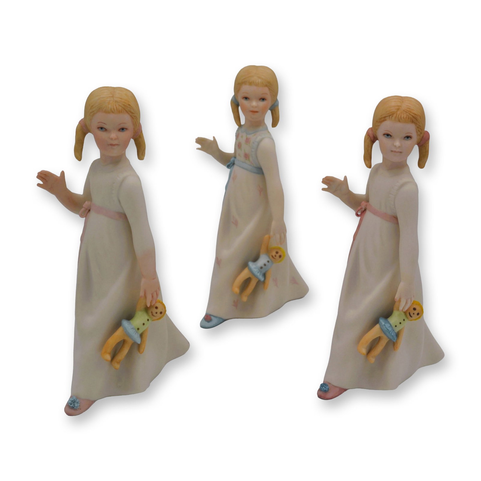 3Pc Cybis Porcelain Figurines Wendy, 1957: Bisque Porcelain Decorated, hand created, hand painted by the Artisans of the Cybis Studio in Trenton, NJ, USA. Featuring the Three (3) different models of "Wendy" from the Children to Cherish
