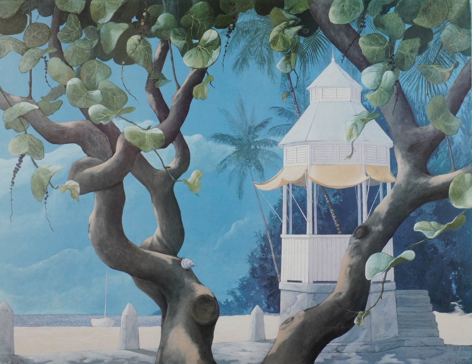 John Kiraly (Am. B. 1943) Serigraph on Paper, Tropical Landscape, Signed: A serigraph on paper by John Kiraly depicting a vibrant tropical setting that features gnarled, intertwining trees with large green leaves in the foreground, framing a white, multi-tiered gazebo-like 