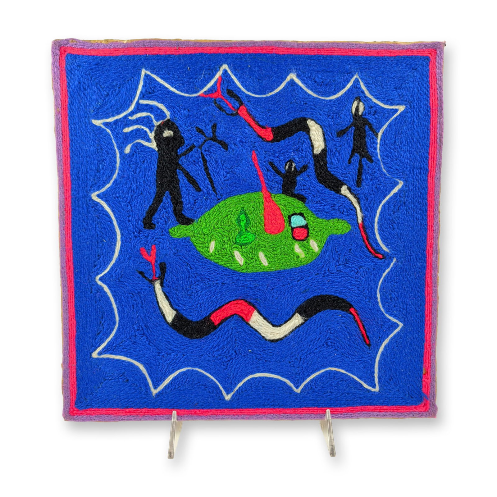 Huichol Mexican Folk Art Flood Myth Nierika Yarn Painting: This square Mexican Huichol yarn painting features colored commercial yarn hand-pressed into a beeswax and resin layer on a fiberboard backing. The narrative composition portrays elements of the tradi