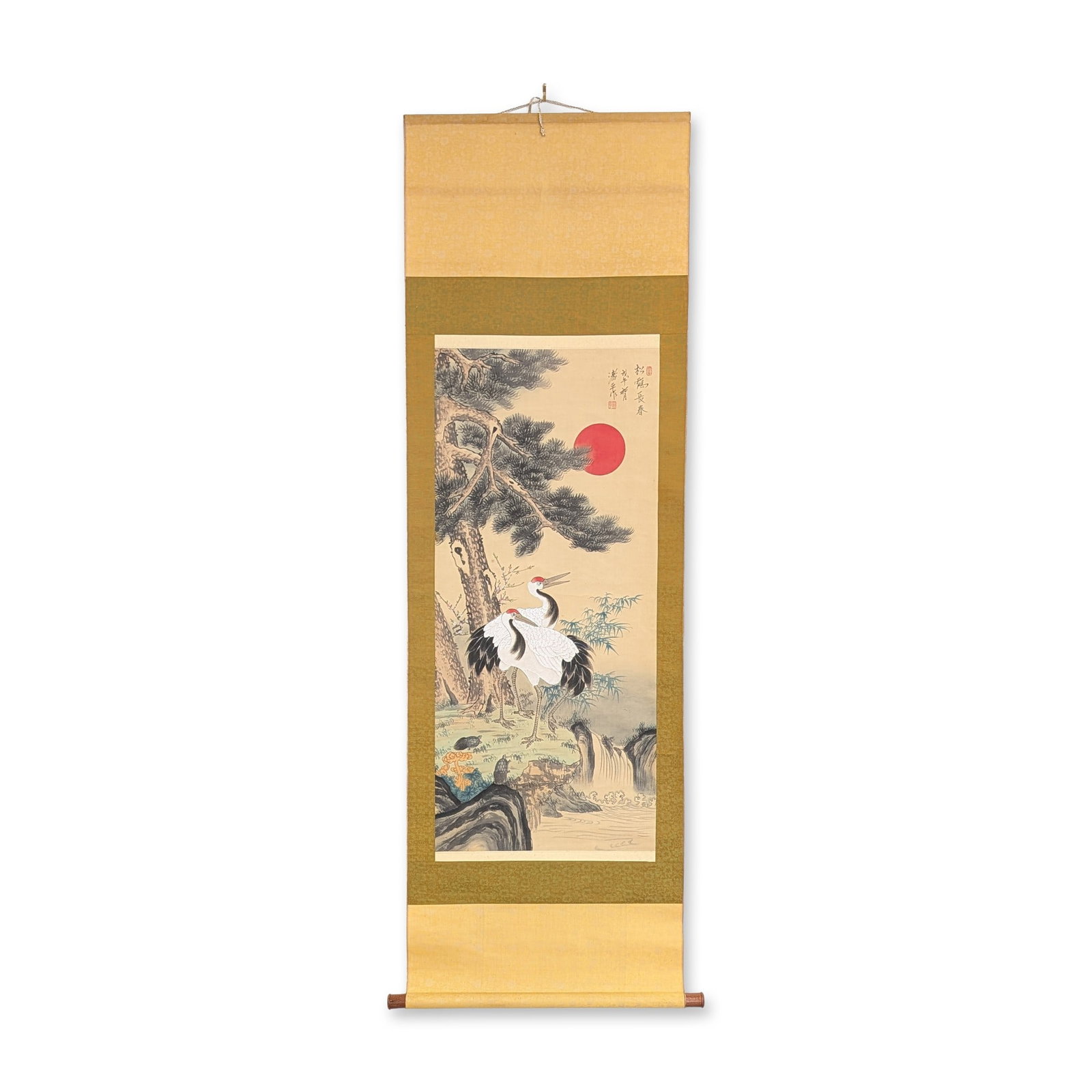 Japanese Hanging Scroll, Ink & Pigments on Rice Paper, Pine and Crane, Signed w/ Seal (1 of 5)