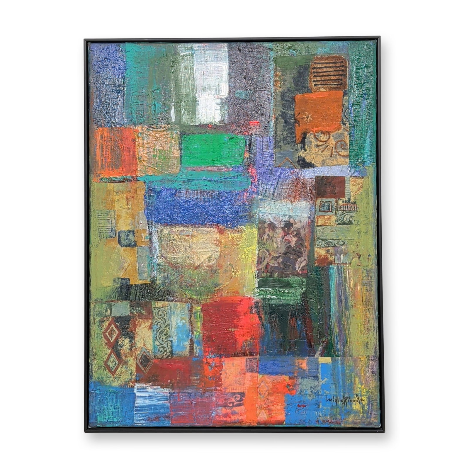 Miguel Pineda (Dominican Republic b. 1962) Mixed Media on Canvas, El Pez, Signed: Miguel Pineda (Dominican b. 1962) Abstract mixed media painting on canvas featuring a grid-like arrangement of colorful rectangular fields. Entitlerd El Pez (The Fish), the composition integrates appl