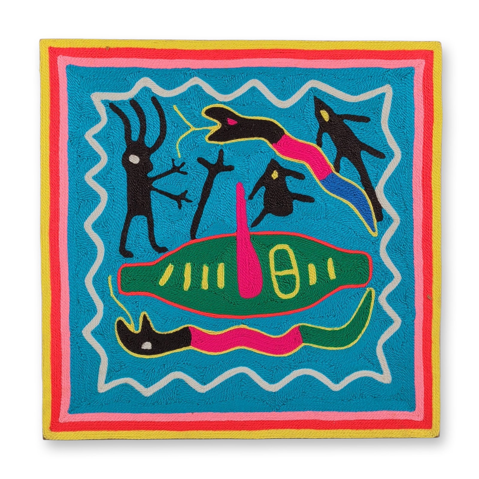 Otilia Lopes Pinedo Huichol Mexican Yarn Painting: Huichol yarn painting (Nierika) in multi-colored yarn on a board base, featuring traditional sacred iconography. A central green oval shaped form with yellow accents is flanked by two undulating serpe