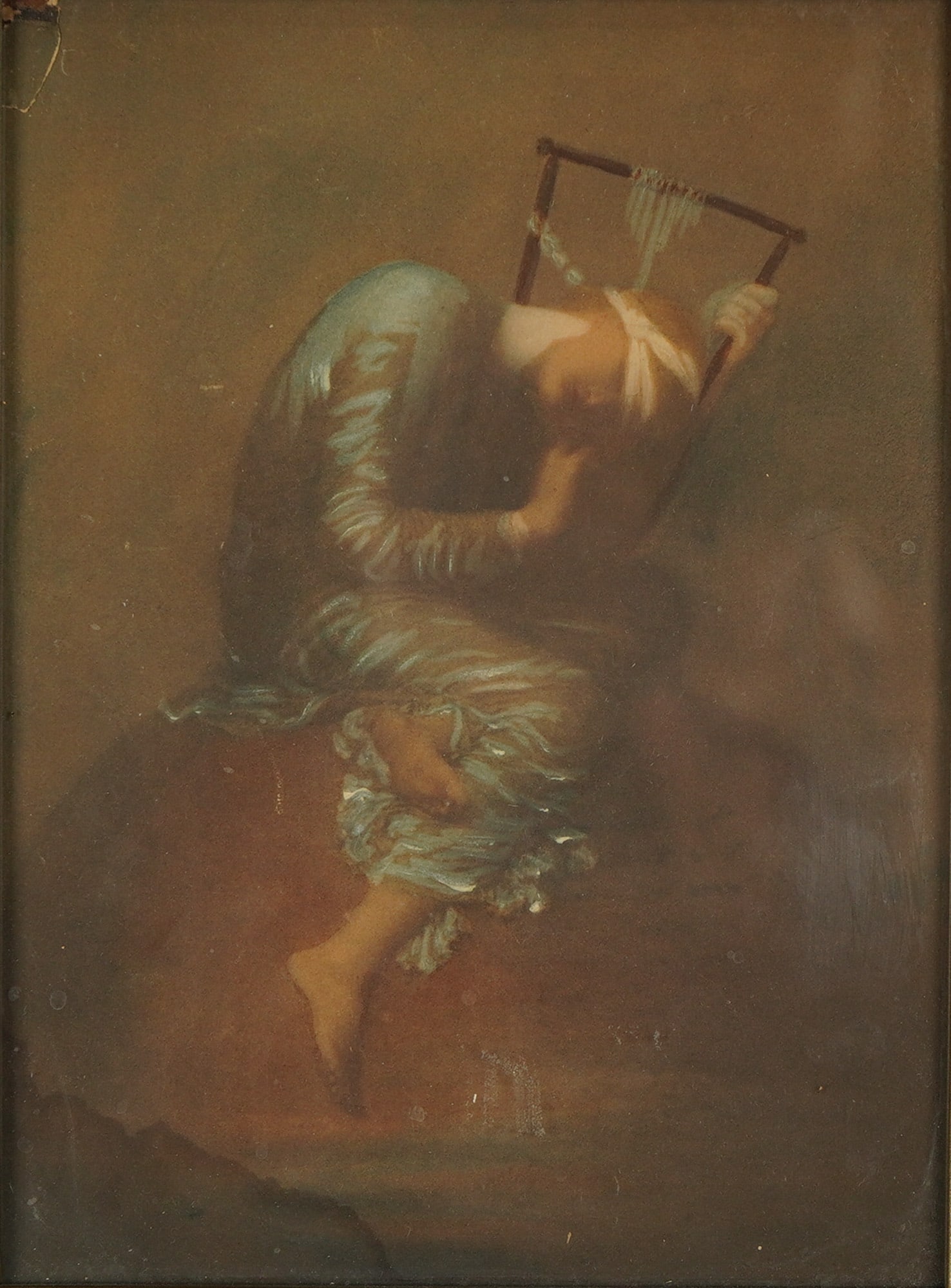 After George Frederic Watts Hand-Enhanced Print, Hope: This hand-enhanced print is after the 1886 Symbolist painting titled Hope by George Frederic Watts. The composition features a blindfolded female figure wearing a diaphanous blue robe, seated upon a g