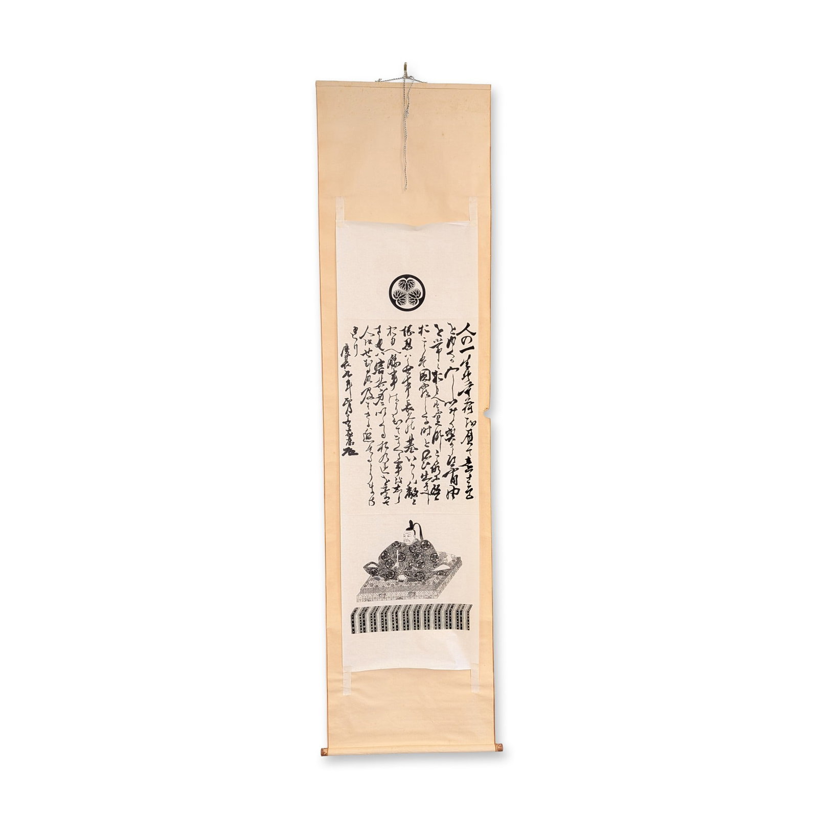 Japanese Tokugawa Ieyasu Portrait and Calligraphic Text Hanging Scroll: Japanese hanging scroll featuring a monochrome print on paper with a central image depicting Tokugawa Ieyasu in formal attire seated on a raised dais, positioned beneath the Mitsuba Aoi triple hollyho