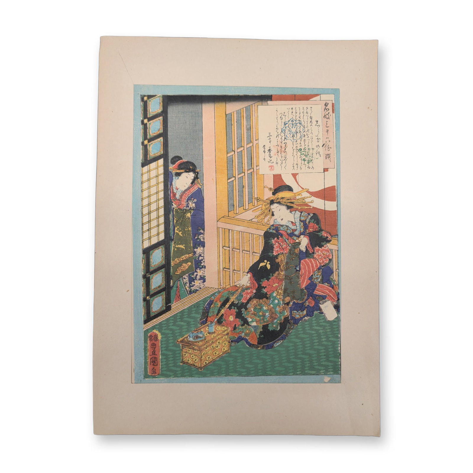 Utagawa Kunisada (Toyokuni III) (Japanese, 1786-1865) Woodcut on Paper from Tale of the Courtisan: A late Edo-period Japanese woodblock print on paper by Utagawa Kunisada (Toyokuni III) dating to the mid-19th century. The composition depicts an interior setting with two female figures dressed in de