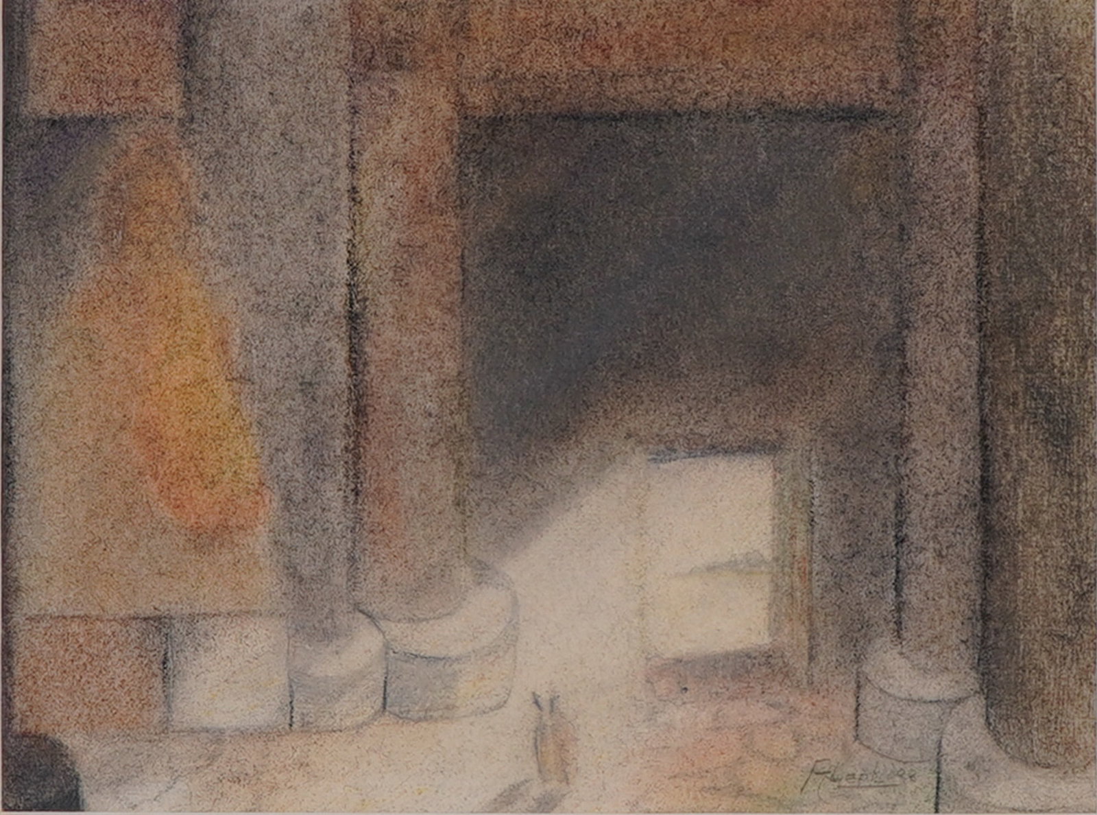 Rafael Aleph Mixed Media on Paper Drawing, Two Figures in a Temple: This original mixed media drawing on paper by Rafael Aleph is executed in soft pastel and graphite. The composition depicts an atmospheric interior temple scene with light filtering through a central 