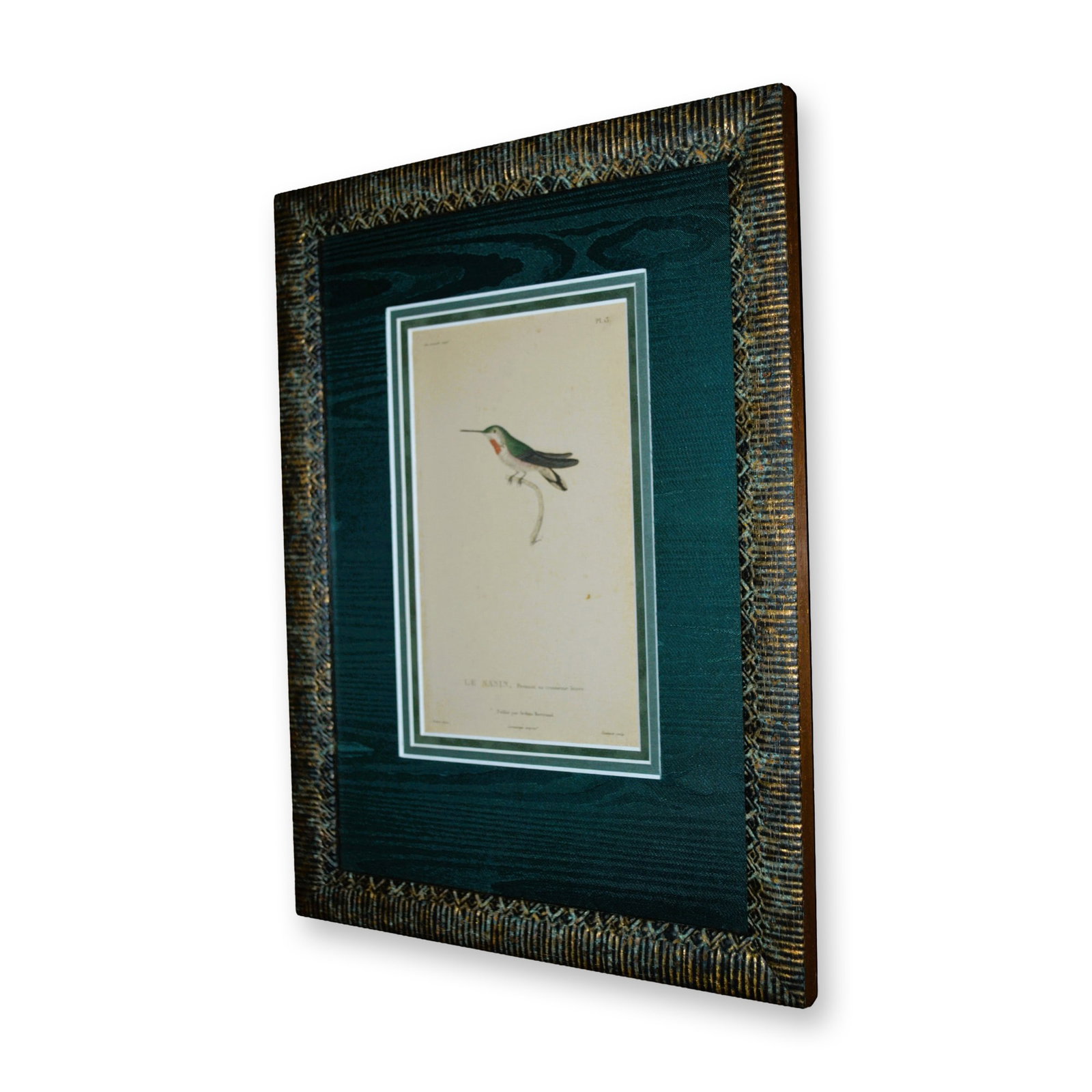 Le Sasin, Prenant Sa Troisieme Hummingbird Teillard Birds, Original HC Engraving, Custom Frame, 19th: Le Sasin, Prenant Sa Troisieme Hummingbird Teillard Birds. A Hand Colored Engraving featuring The Hummingbird. Published by Arthus Bertrand. Plate 13. Vintage, 19th Century. Beautifully tri matted in 