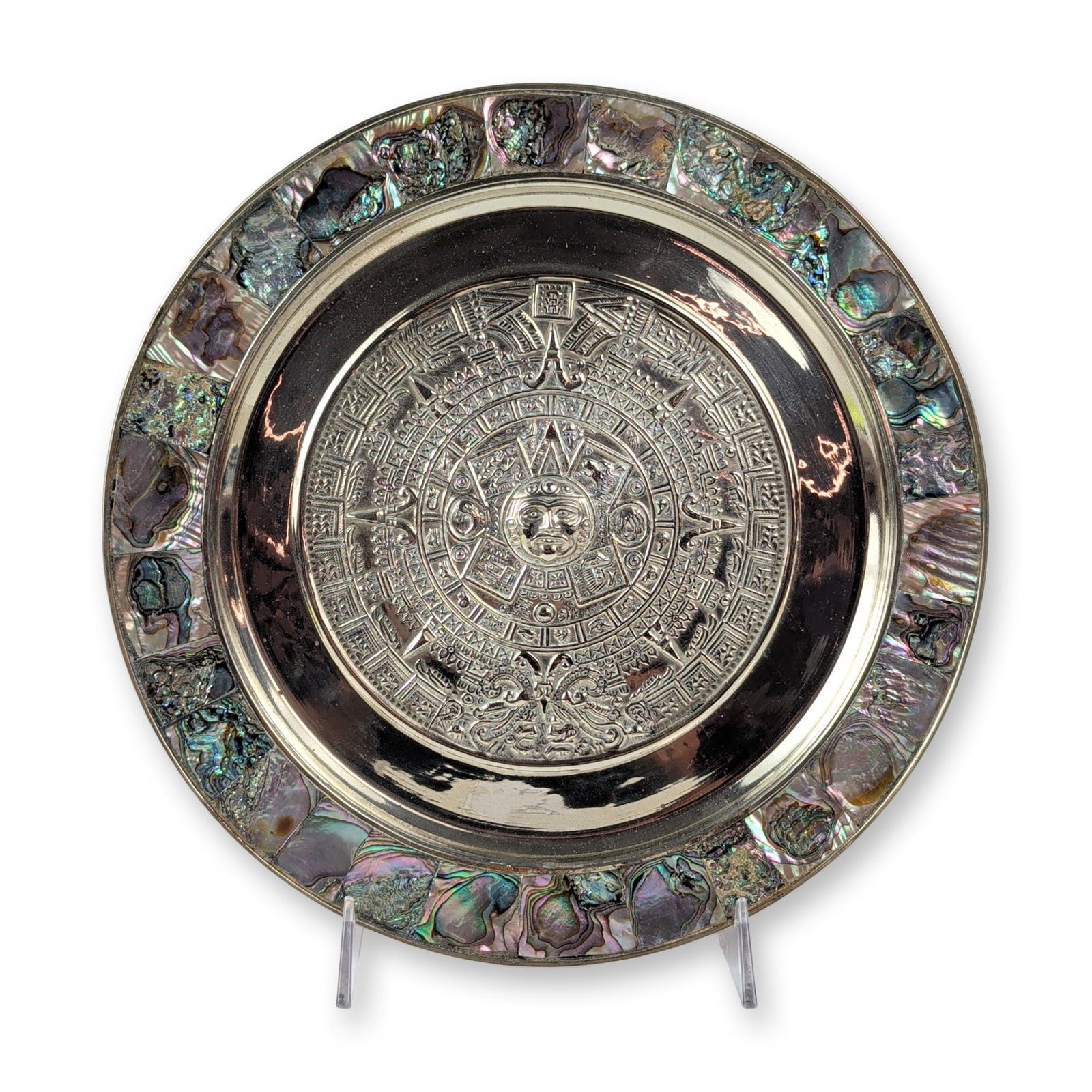 Mexican Alpaca and Abalone Aztec Calendar Wall Plate (1 of 5)