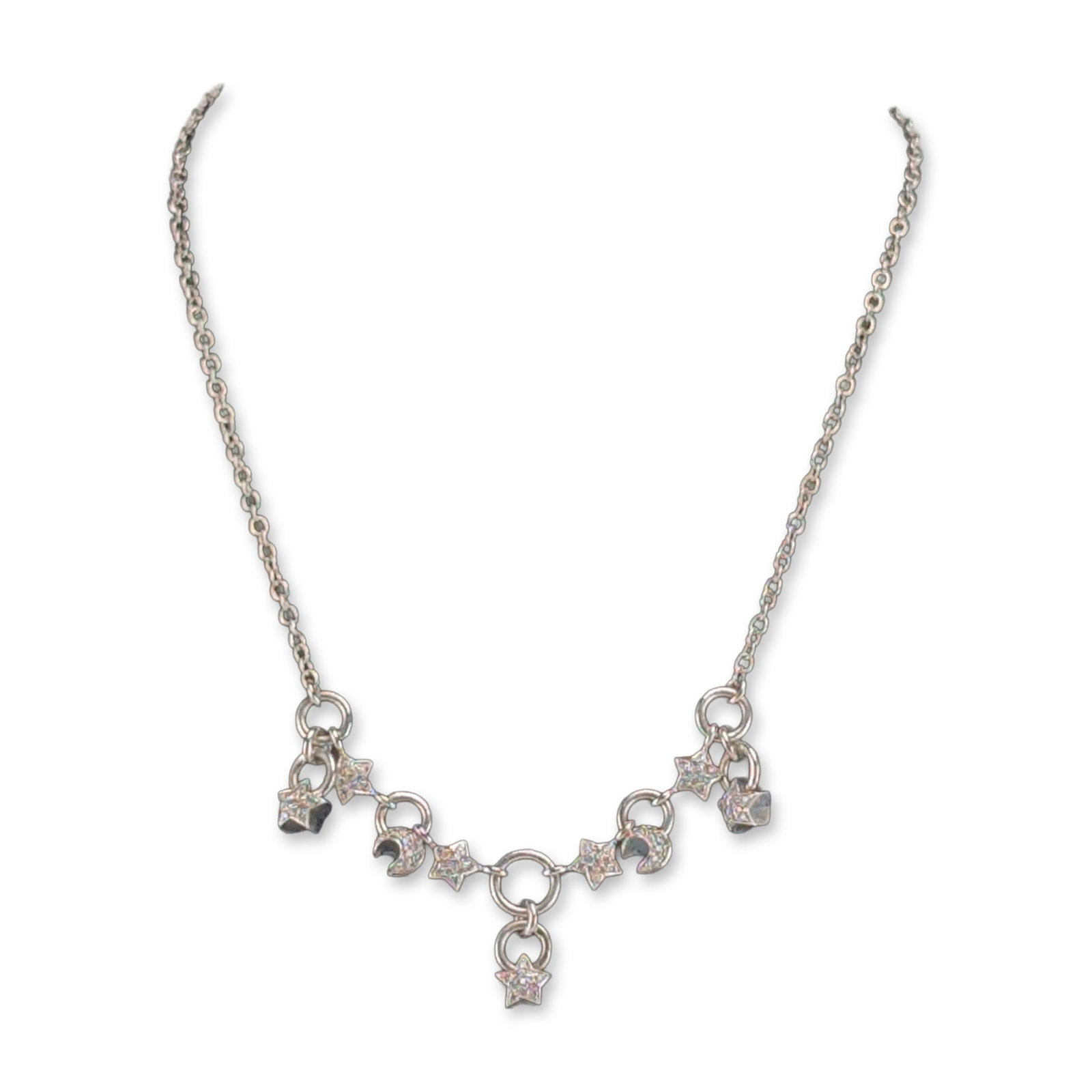 Gioiel Moda Italian 18K White Gold 1ct Diamond Celestial Charm Necklace: 18k white gold celestial motif necklace, featuring a central arrangement of nine pave-set pendants including five-pointed stars and crescent moons. The charms are suspended from a fine cable-link