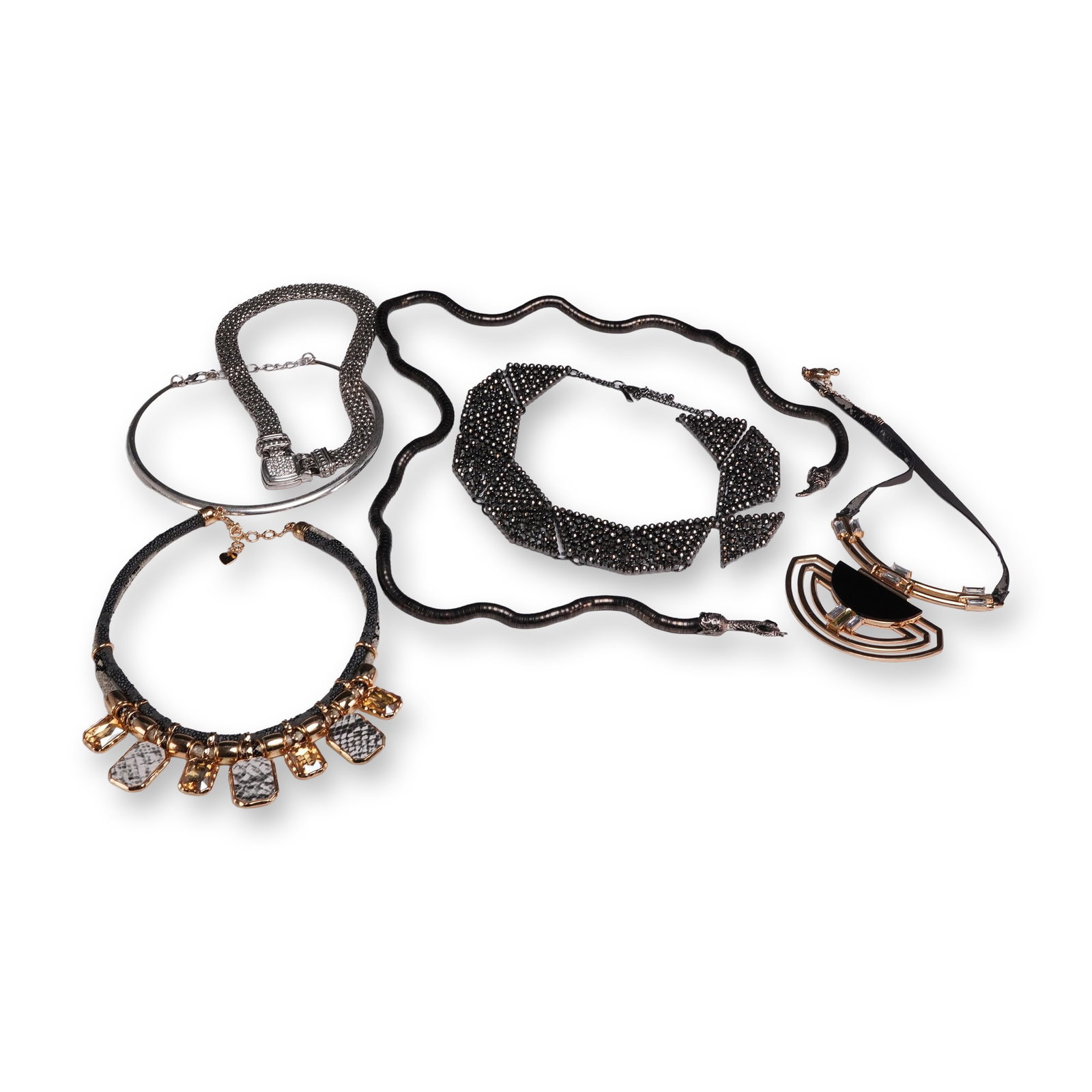 6pc Collection of Costume Jewelry Short Necklaces and Chokers: A collection of six contemporary costume jewelry necklaces and chokers in a variety of styles and finishes. The group includes a two-strand cord collar necklace featuring one grey strand and one