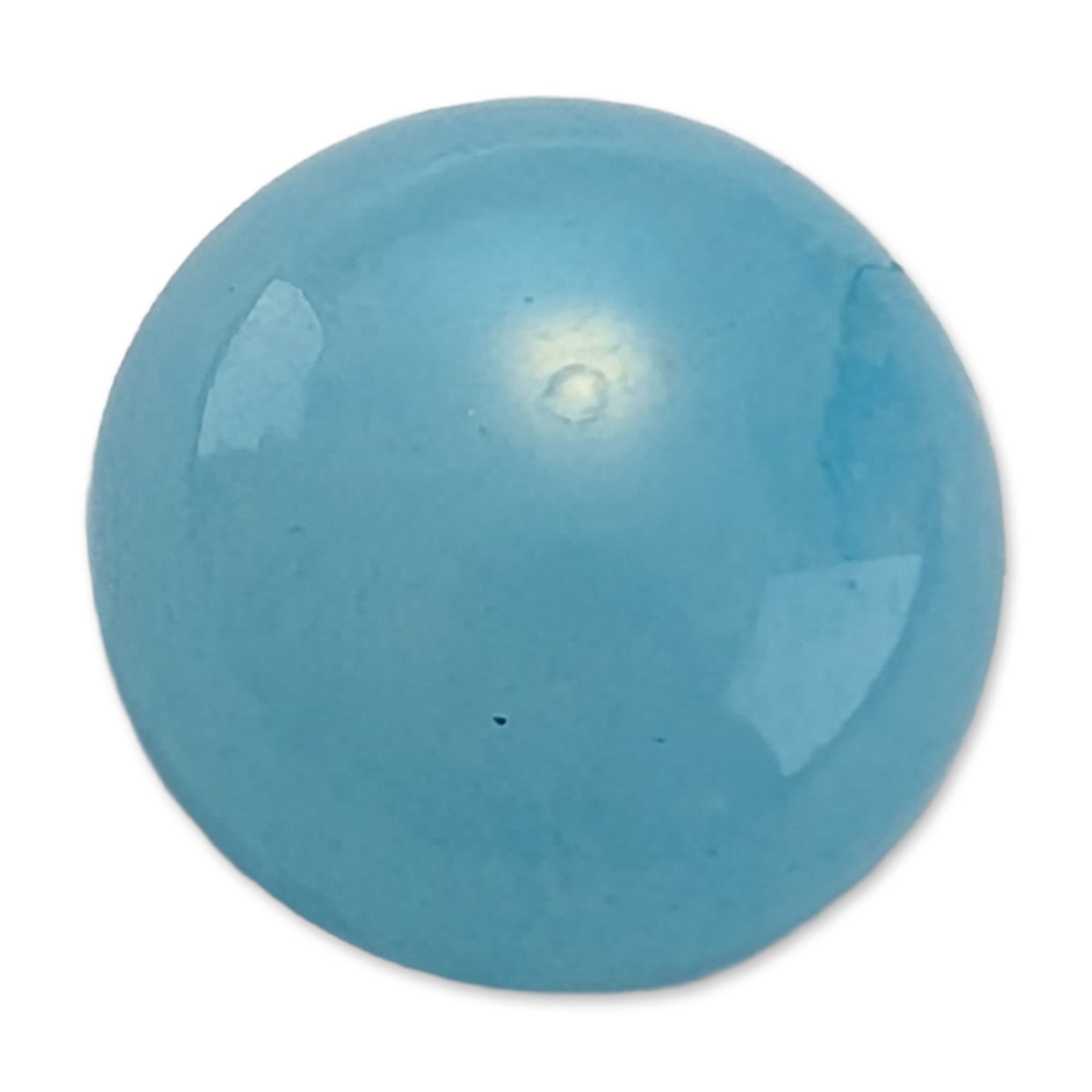 Round Light Blue Cabochon Gemstone: Single loose gemstone, round cabochon cut. The stone appears to be blue chalcedony, featuring a high-domed top and flat base. The color is a translucent, light watery blue with uniform saturation and 