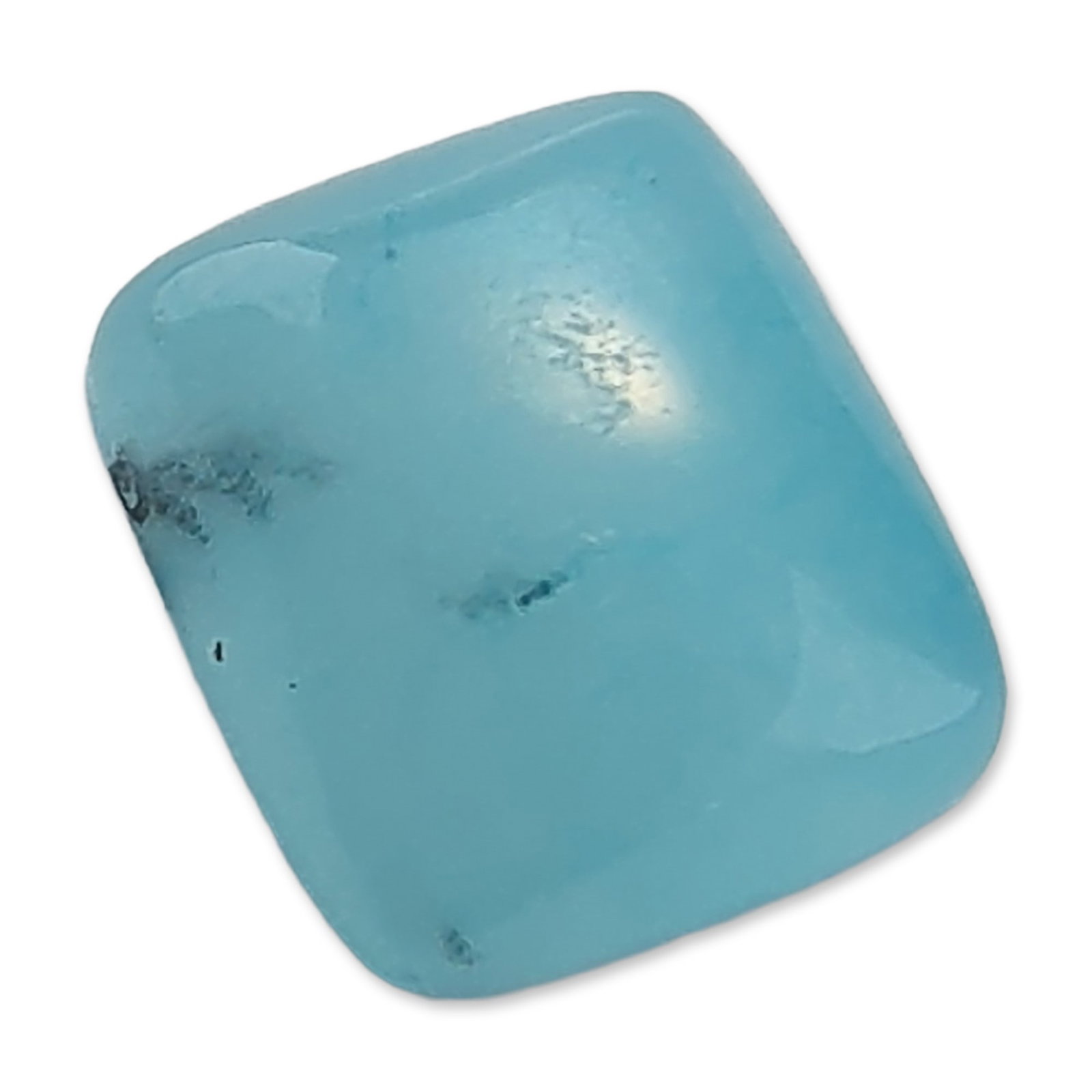 Loose Blue Chalcedony Style Gemstone: Loose semi-translucent blue chalcedony gemstone cabochon. The stone is cut into a square cushion shape with a flat base and a uniform sky-blue color. The specimen displays a waxy to vitreous luster an