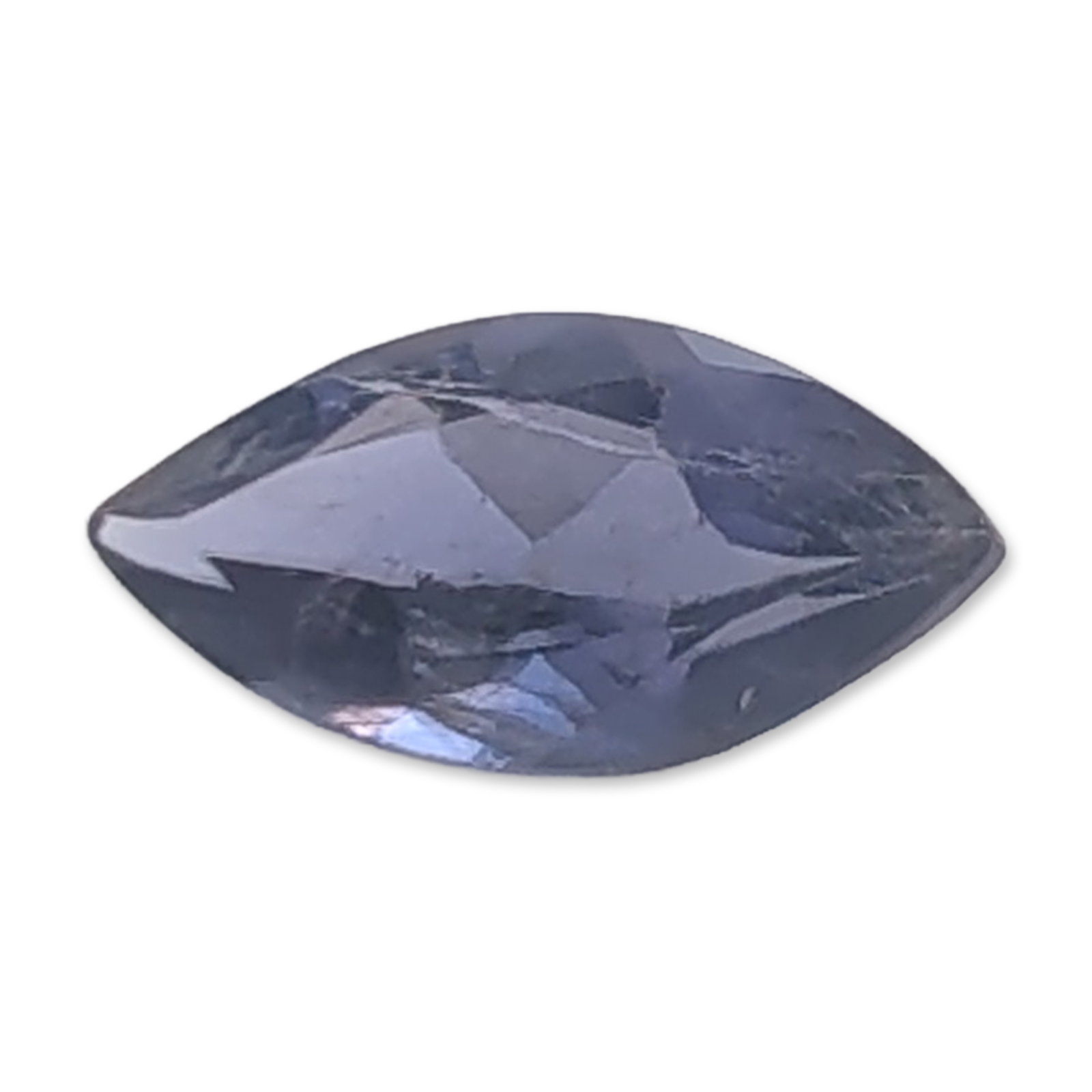 Marquise Cut Blue-Violet Faceted Iolite Gemstone: Loose faceted iolite gemstone in a marquise cut. The stone features a medium-toned blue-violet hue and displays visible internal inclusions including fine veils and fractures. Tested with Presidium