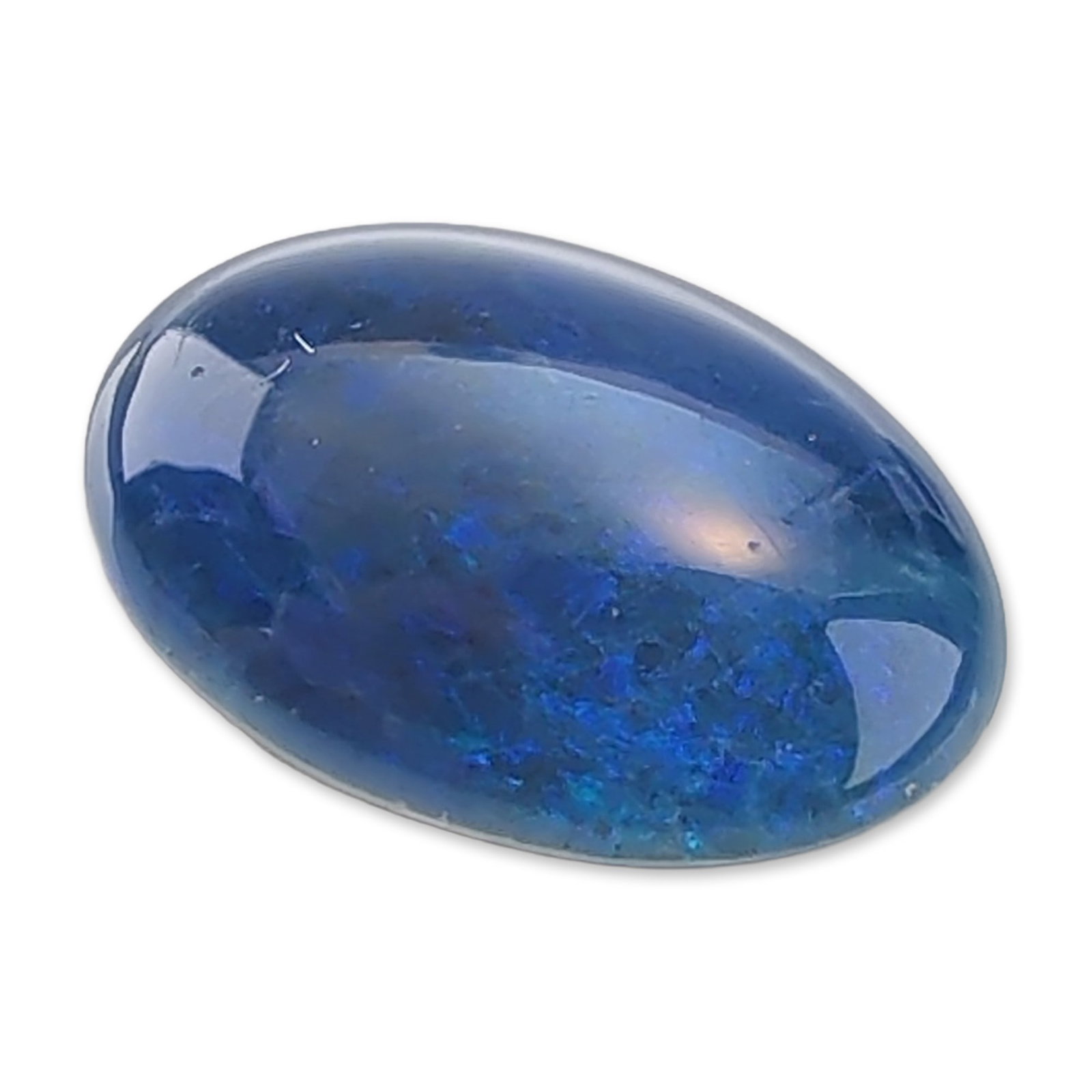 Oval Blue Opal Doublet Cabochon: Loose oval cabochon blue opal doublet gemstone. The stone features a deep cobalt blue body color with mottled electric blue play-of-color and internal flashes. Construction consists of a thin opal