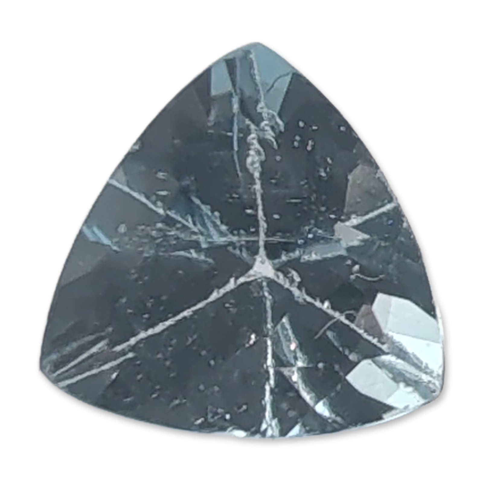 Trillion Cut Pale Blue Topaz Gemstone: Loose trillion-cut gemstone of a pale blue color, featuring a modified triangular trillion cut with faceted edges. The stone is a light blue topaz. Tested with Presidium Gem Tester II. 1 ct 7.3 mm.