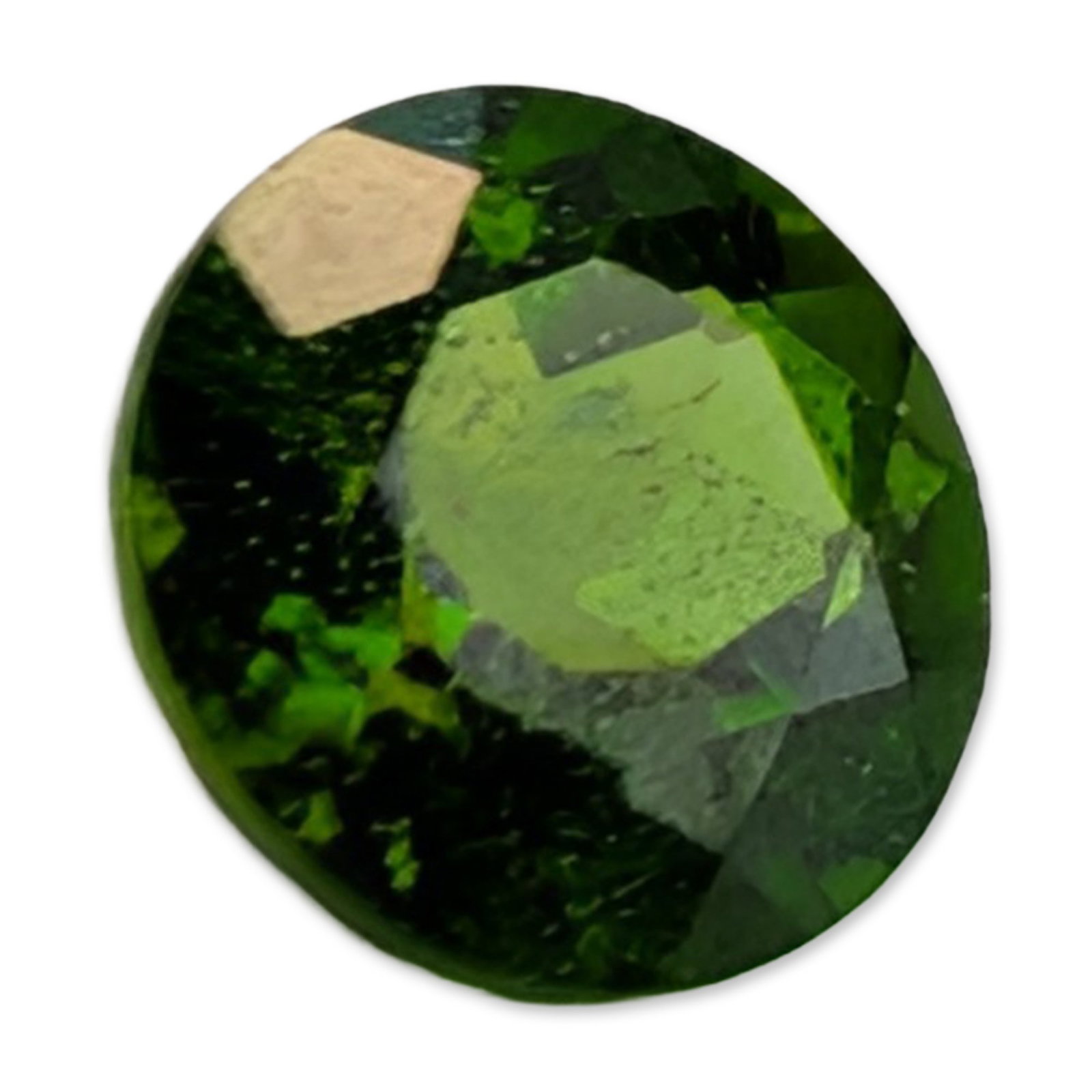 Round Faceted Green Tourmaline Gemstone: A loose round faceted tourmaline gemstone in a saturated forest green hue. The stone is executed in a modified round brilliant cut with symmetrical faceting. Internal inspection reveals minor pinpoint