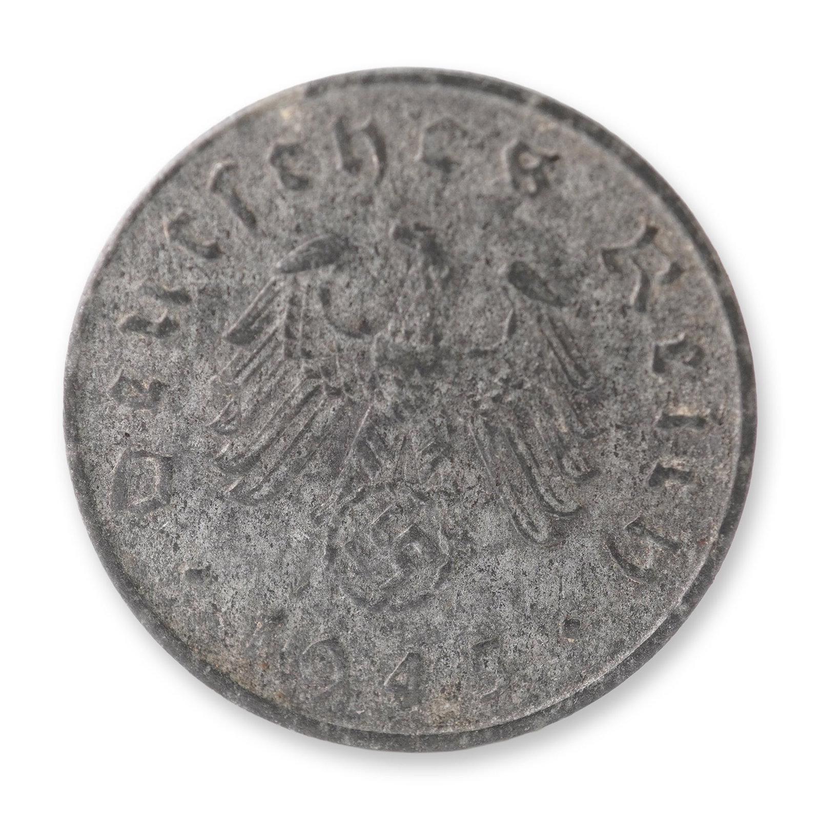 1945-E 10 German Reichspfennig Coin: Struck in zinc at the Muldenhutten Mint (E), this 10 Reichspfennig coin was issued under the Third Reich during the final year of World War II. The obverse features the denomination "10" encircled by