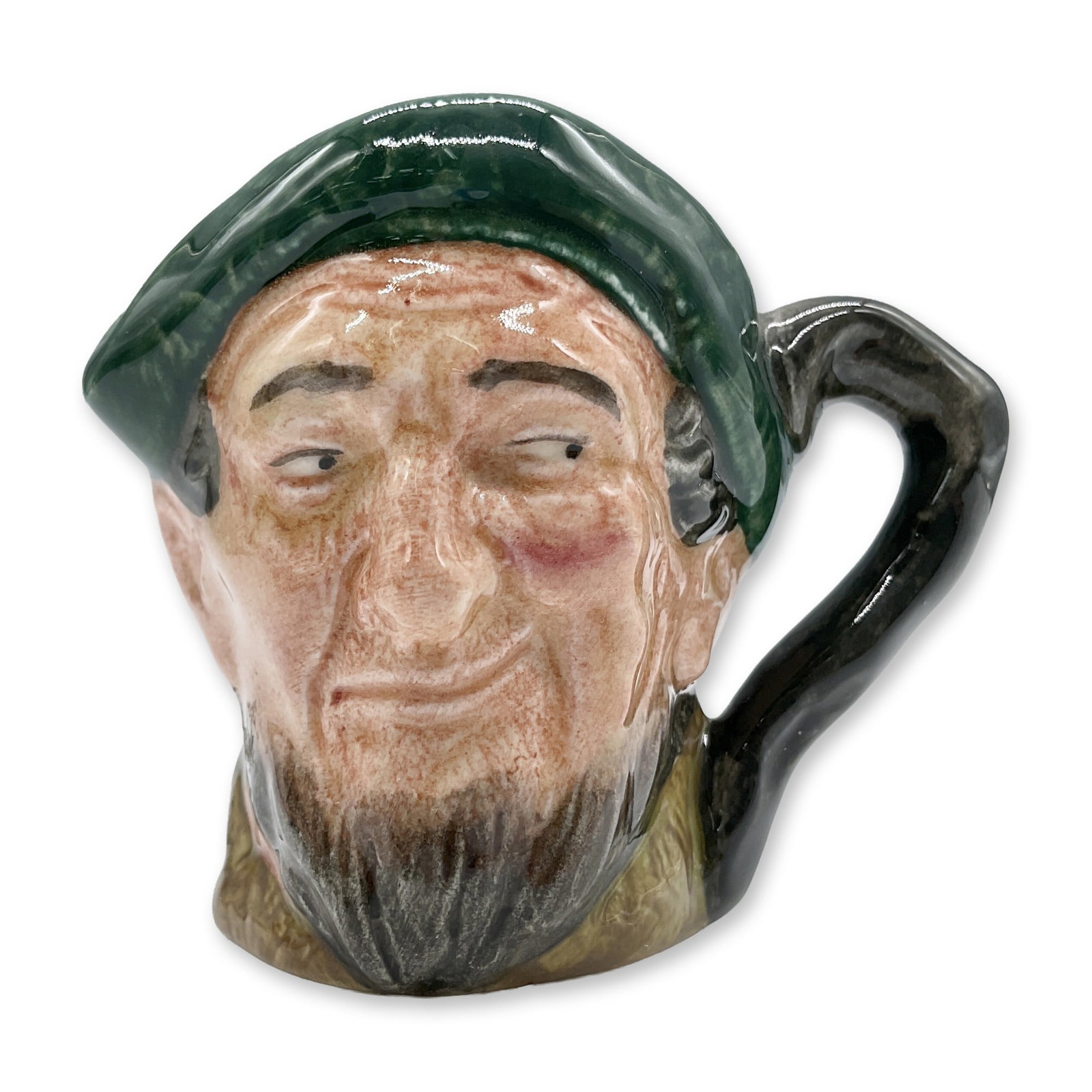 Auld Mac D6253 - Mini - Royal Doulton Character Jug: Green tam; brown coat. Royal Doulton backstamp. Artist: Harry Fenton Dimensions: 2.75"L x 1.75"W x 2.5"H Date or Era: 1946 - 1985 Manufacturer or Brand: Royal Doulton Country of Origin: Engla