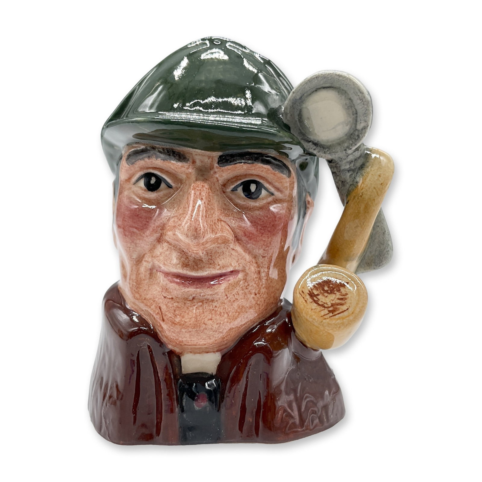 Sleuth D6639 - Mini - Royal Doulton Character Jug: Variation One, dark green deerstalker hat; brown cloak. Royal Doulton backstamp. Artist: Alan Moore Dimensions: 2"L x 1.75"W x 2.75"H Date or Era: 1973 - 1991 Manufacturer or Brand: Royal Doulton