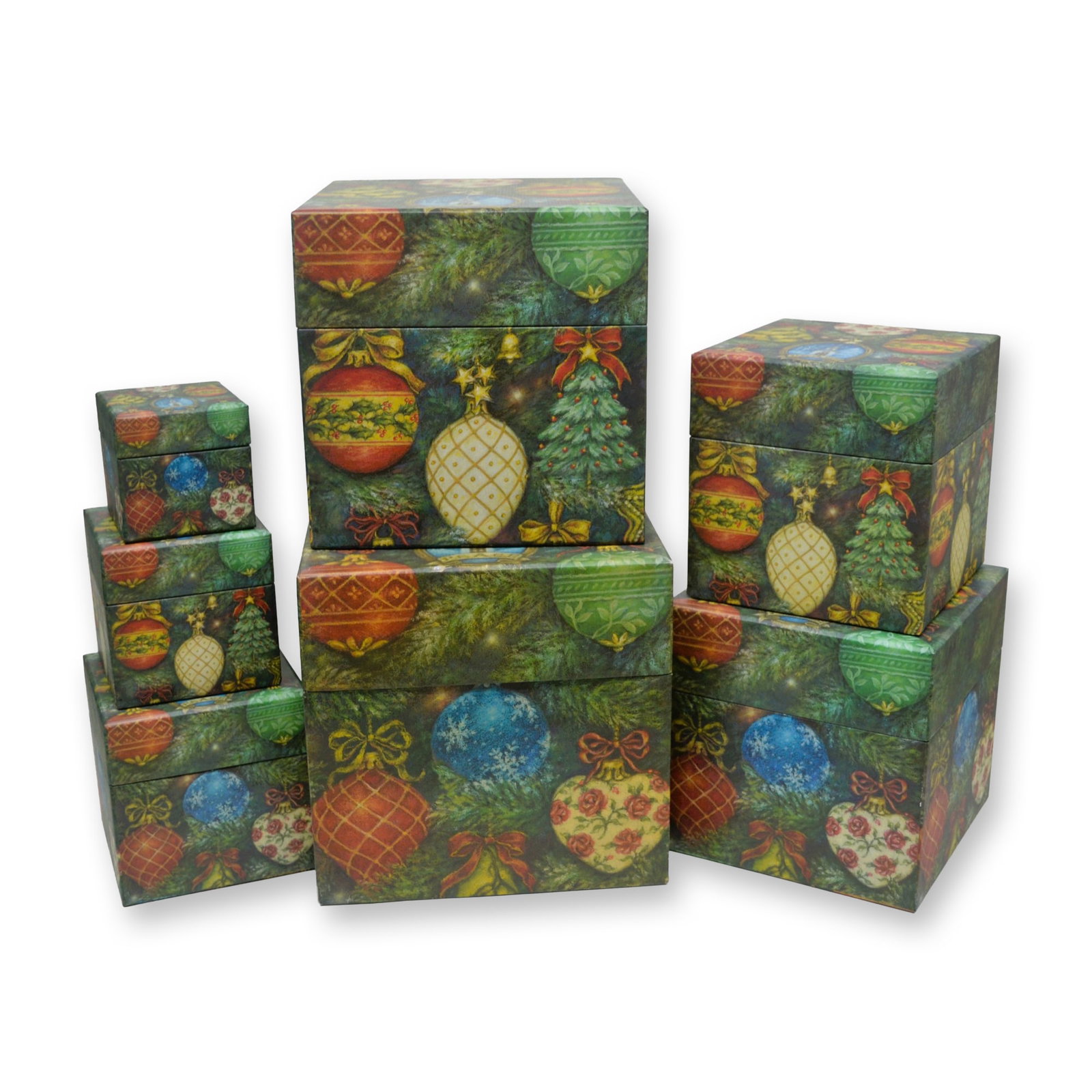 7Pc Bob's Boxes By Karen Ware Erickson Glorious Ornaments Stack Boxes, 2003: Bob's Boxes by Karen Ware Erickson, Celebrated Artist featuring her artwork of the Glorious Ornaments. These are Stack Boxes consisting of Seven Boxes (7) that stack inside each other, the largest box