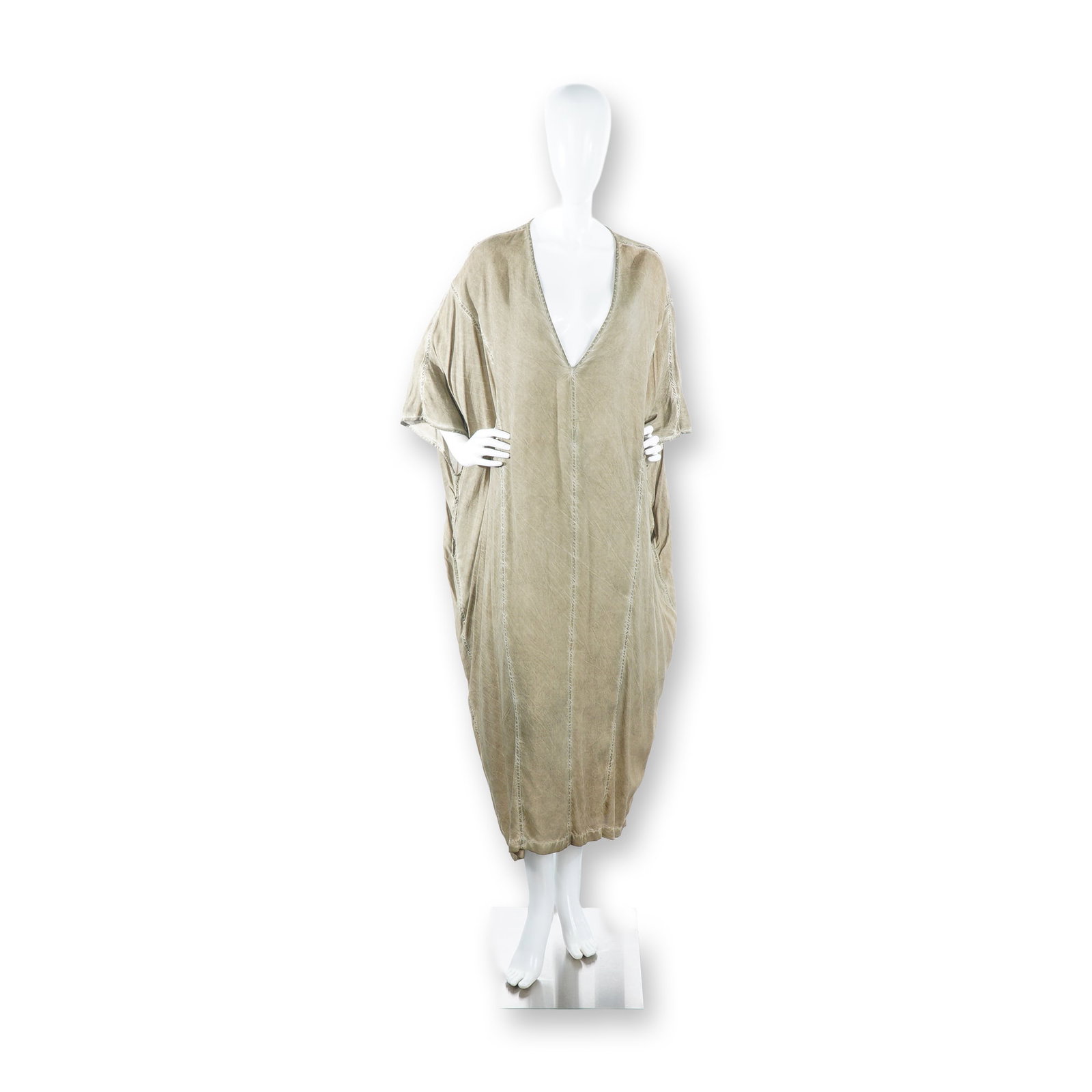 Nicholas K Sierra Military Olive Kaftan Maxi Kaftan Style Dress: A Nicholas K Sierra kaftan-style maxi dress constructed from Livaeco by Birla Cellulose, an eco-enhanced fluid cellulose fiber. The garment features an oversized, draped silhouette in a military olive
