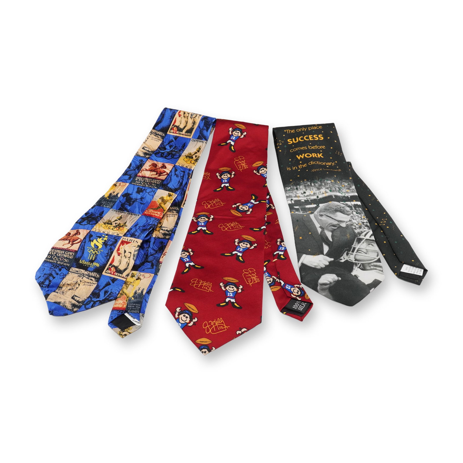 3pc Men's Sport Themed Neckties: This group includes a blue and tan tie printed with reproductions of vintage Olympic Games posters, labeled Zoe Sport. Also included is a red tie decorated with a repeating cartoon football player