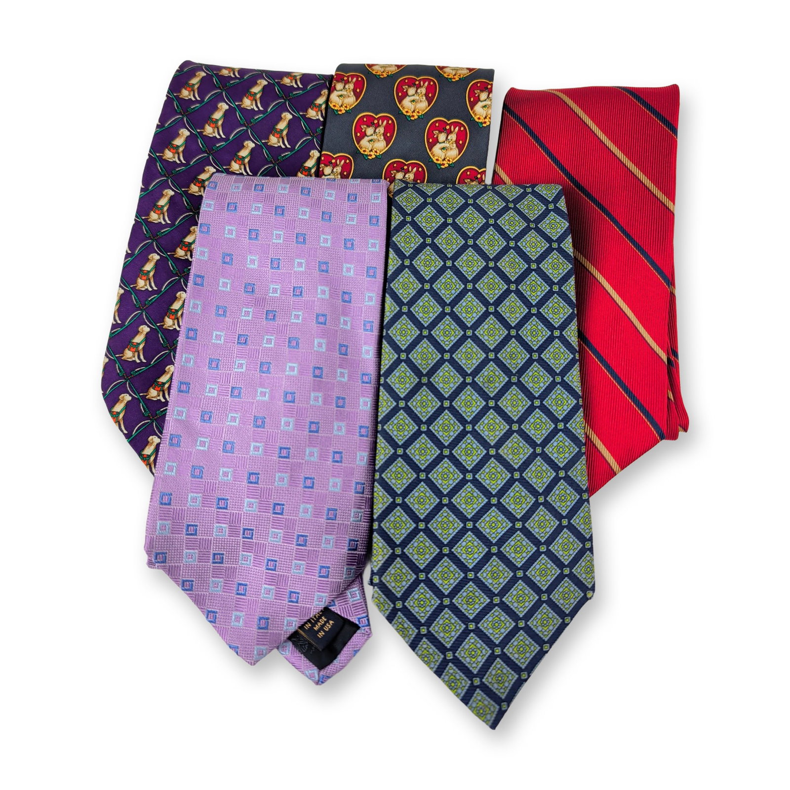 5pc Brooks Brothers Men's Silk Neckties: Collection of Brooks Brothers men's neckties featuring classic, geometric, and novelty patterns in silk fabrics. Designs include ribbed grounds, diagonal grid patterns, golden retriever motifs, and