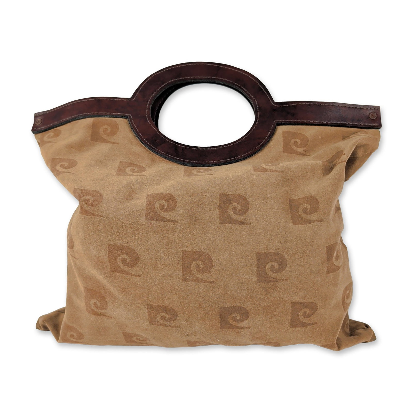 Pierre Cardin Vintage Monogram Circular Handle Tote: Pierre Cardin vintage monogram handbag in tan sueded fabric. The exterior features an all-over repeating signature monogram consisting of a stylized swirling character within a square frame. The