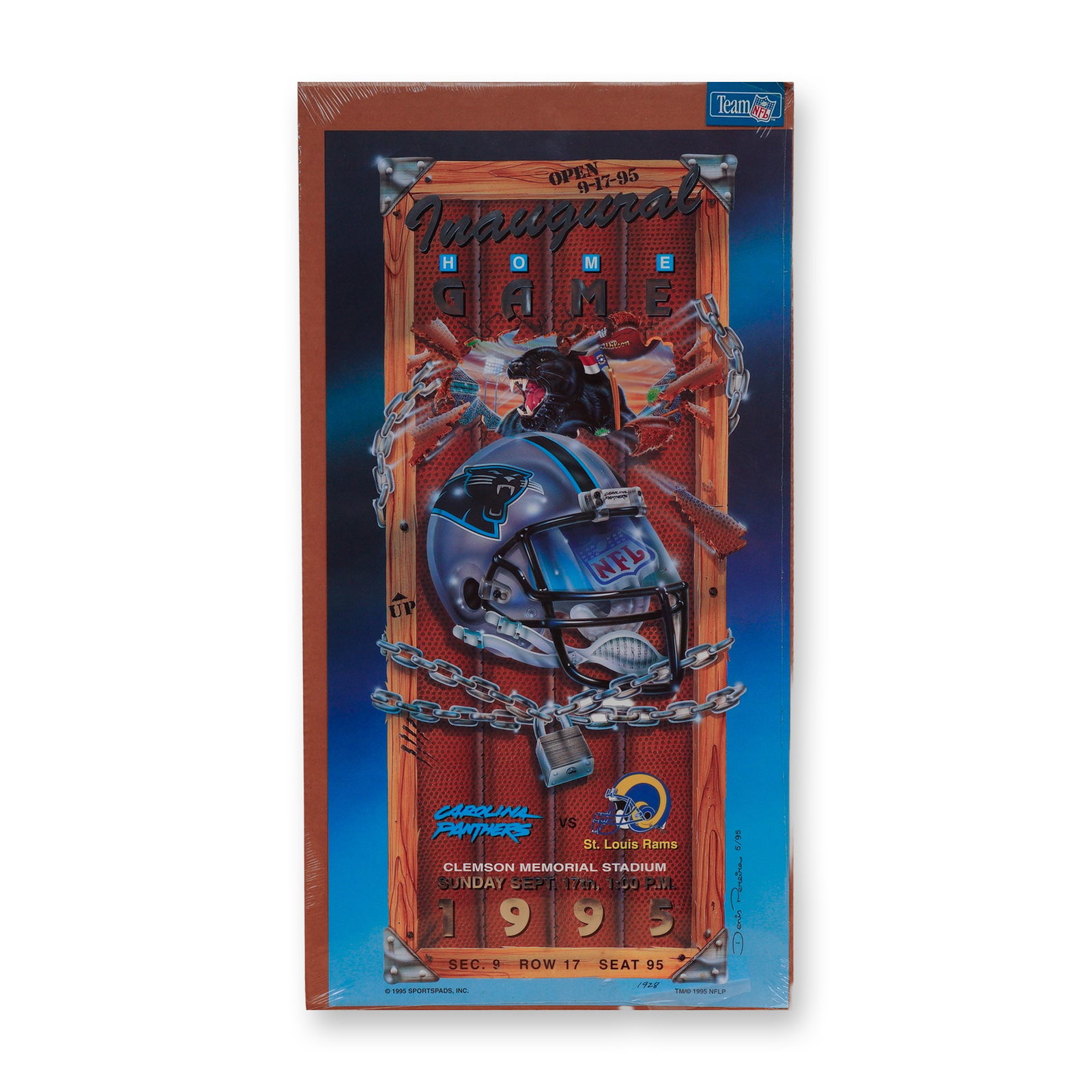 1995 Carolina Panthers Inaugural Home Game Outside Ticket Poster: Issued to commemorate the Carolina Panthers' inaugural home game on September 17, 1995, this limited edition poster features striking artwork by Denis Pereira depicting the team's helmet bursting