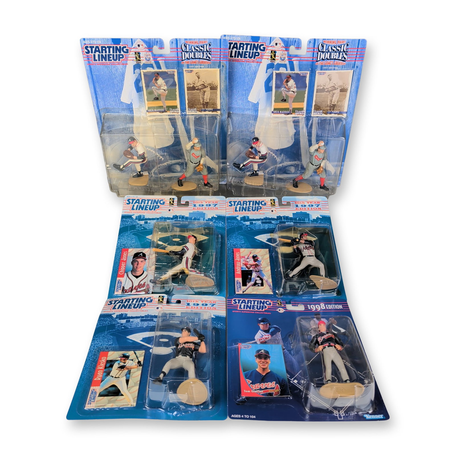 6pc Kenner Starting Lineup Baseball Action Figures: Collection of six Kenner Starting Lineup MLB baseball action figures, including two 1997 Classic Doubles sets and four single-figure editions from 1997 and 1998. The group features Hall of Famers and 
