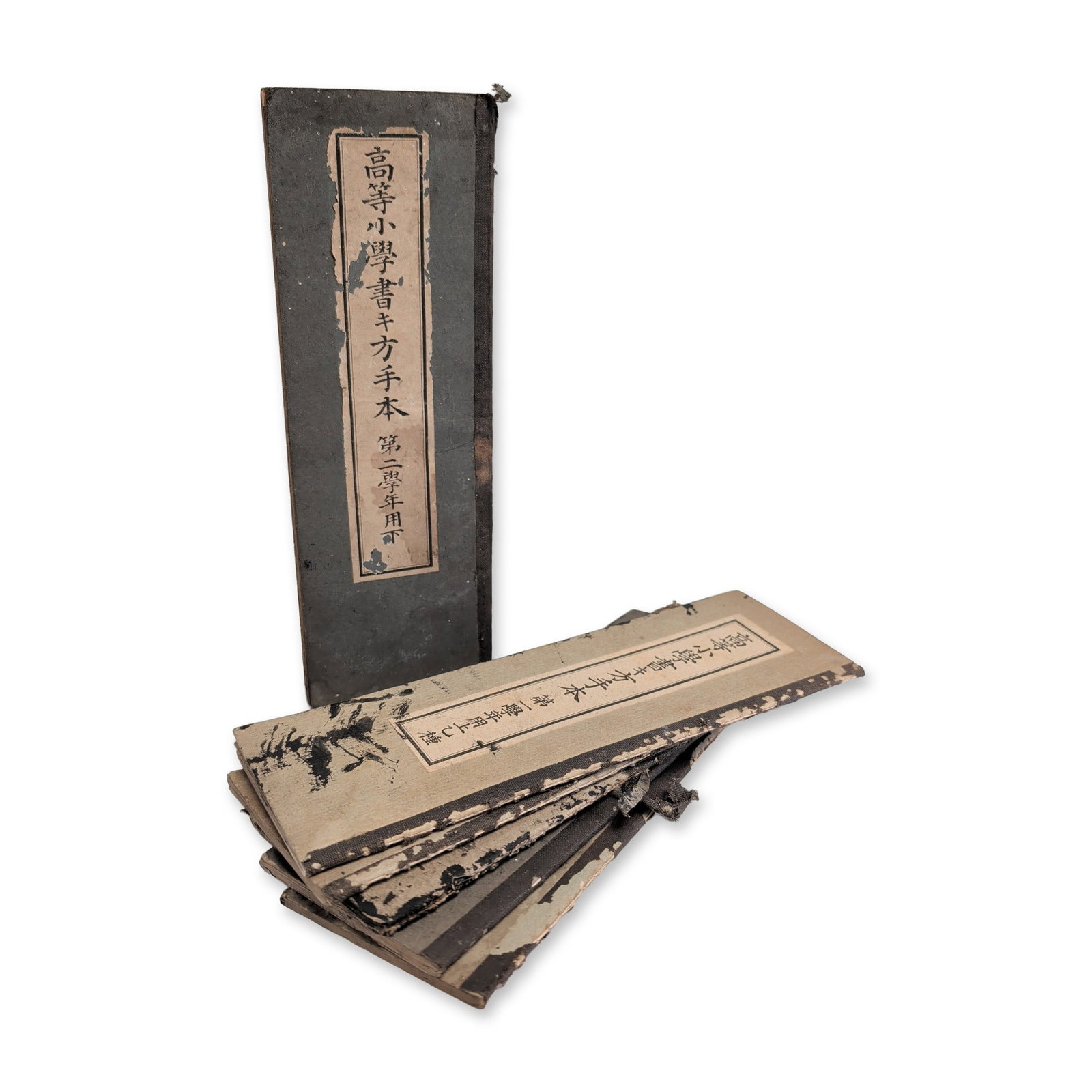 6pc Japanese Ministry of Education Calligraphy Model Books: Meiji to early Taisho era official Japanese educational publications. Set of six handwriting and calligraphy model books constructed of paper with cloth-reinforced spines and featuring accordion-fold
