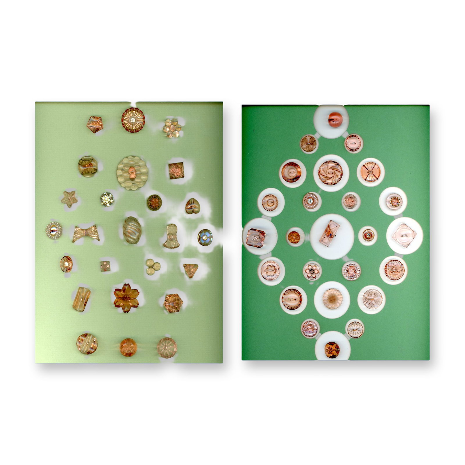 2 CARDS OF DIVISION THREE COLORED GLASS BUTTONS: 50 S/M/L assorted styles specialized to shades of pink. These cards include a vast variety of crystal like transparent/translucent pink glass to include several pictorials and realistics. Nice