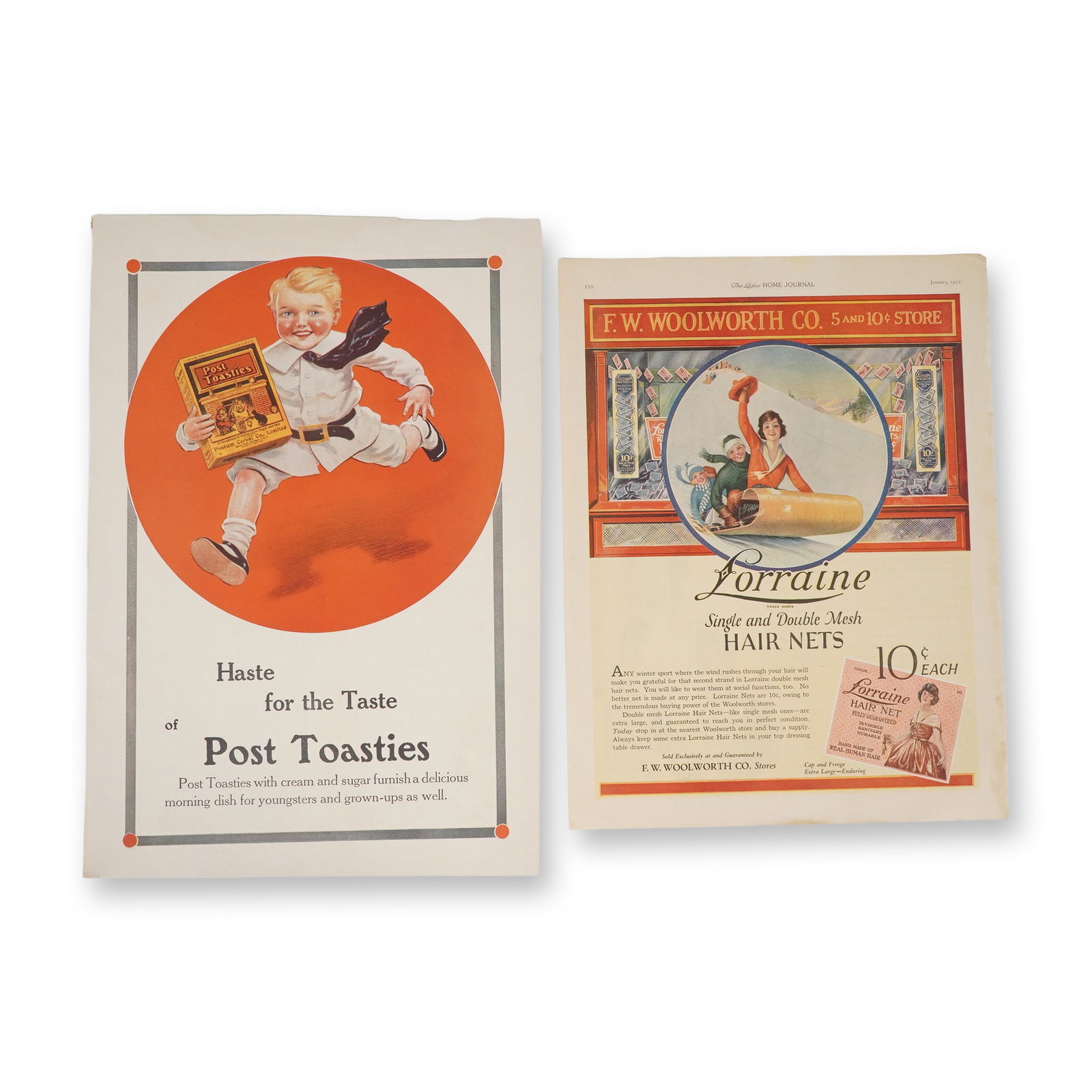 2-Piece Vintage Magazine Ads, Lorraine Hair Net 1922 & Post Toasties 1913: A reference and reading group centered on 2-Piece Vintage Magazine Ads, Lorraine Hair Net 1922 & Post Toasties 1913. Pair of original vintage magazine advertisements from the early 20th century. The f
