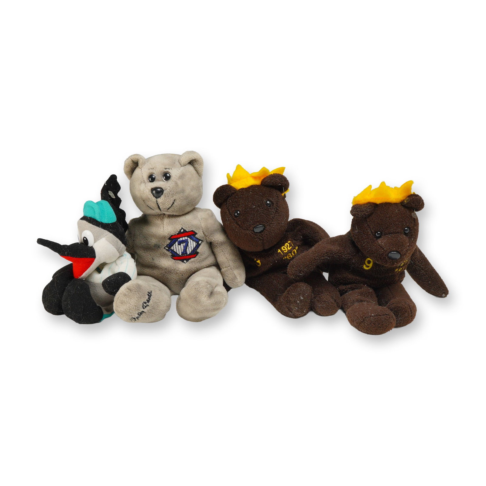 Four Salvino Inc. Bamm Beano's New York Yankees Plush Bean Babies: A set of four plush items from the Salvino Inc. Bamm Beano's line, themed after the New York Yankees. The set includes a grey plush bear featuring an embroidered New York Yankees logo and the number 7