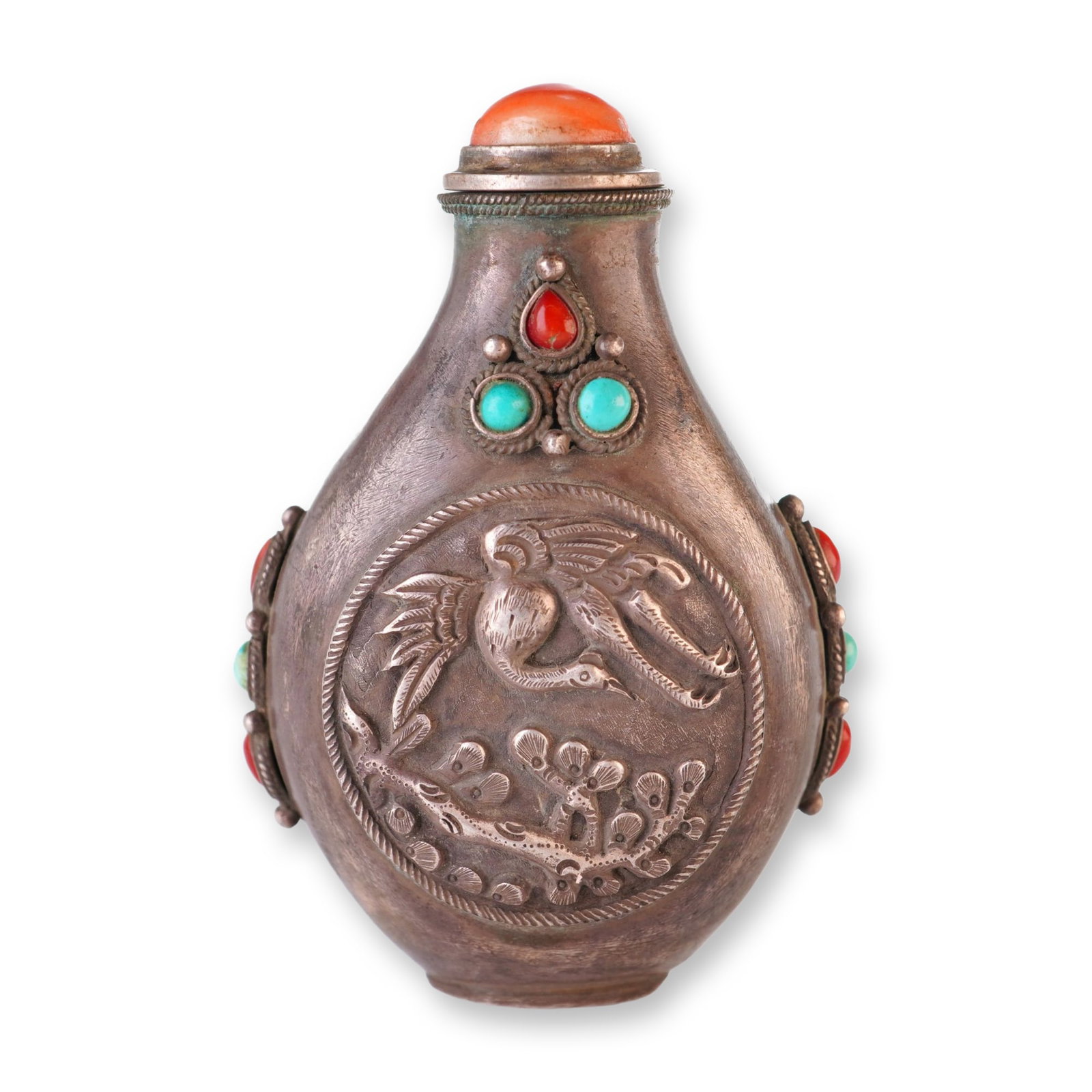 Mongolian Silver Repousse Snuff Bottle, Crane and Branch (1 of 3)
